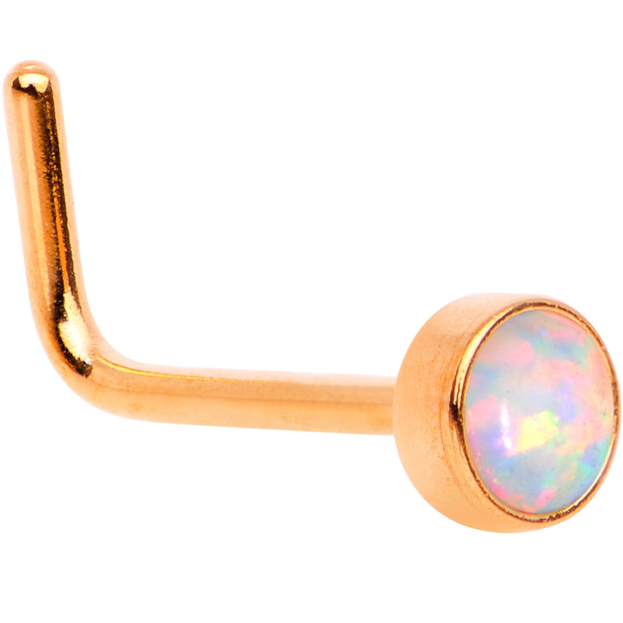 White 3mm Synthetic Opal Rose Gold Tone Press Fit L-Shape Nose Ring