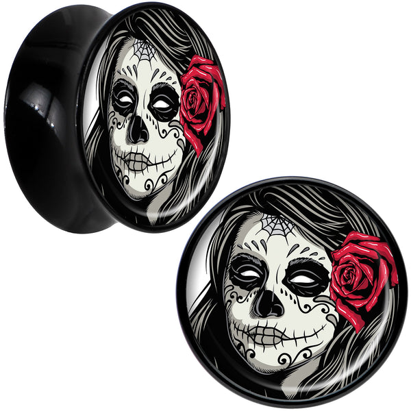 Black Acrylic Katrina Sugar Skull with Rose Flower Saddle Plug Set 5/8