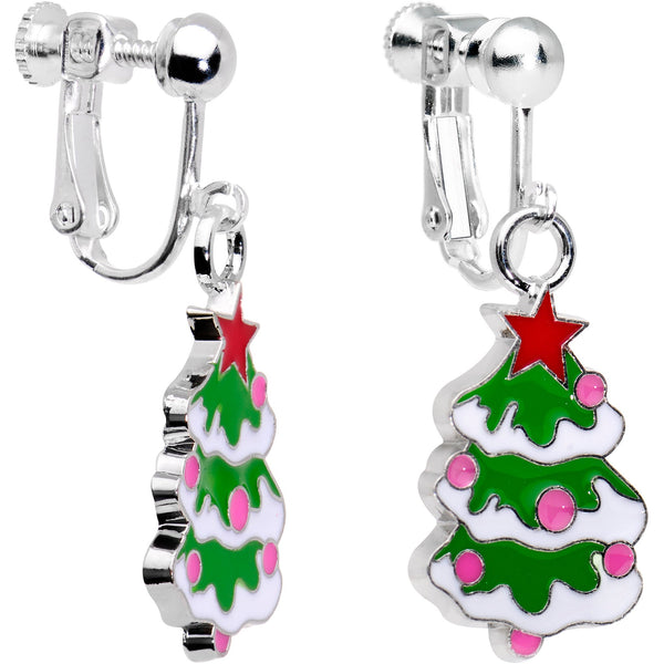 Silver Plated Snowy Christmas Tree Clip On Earrings