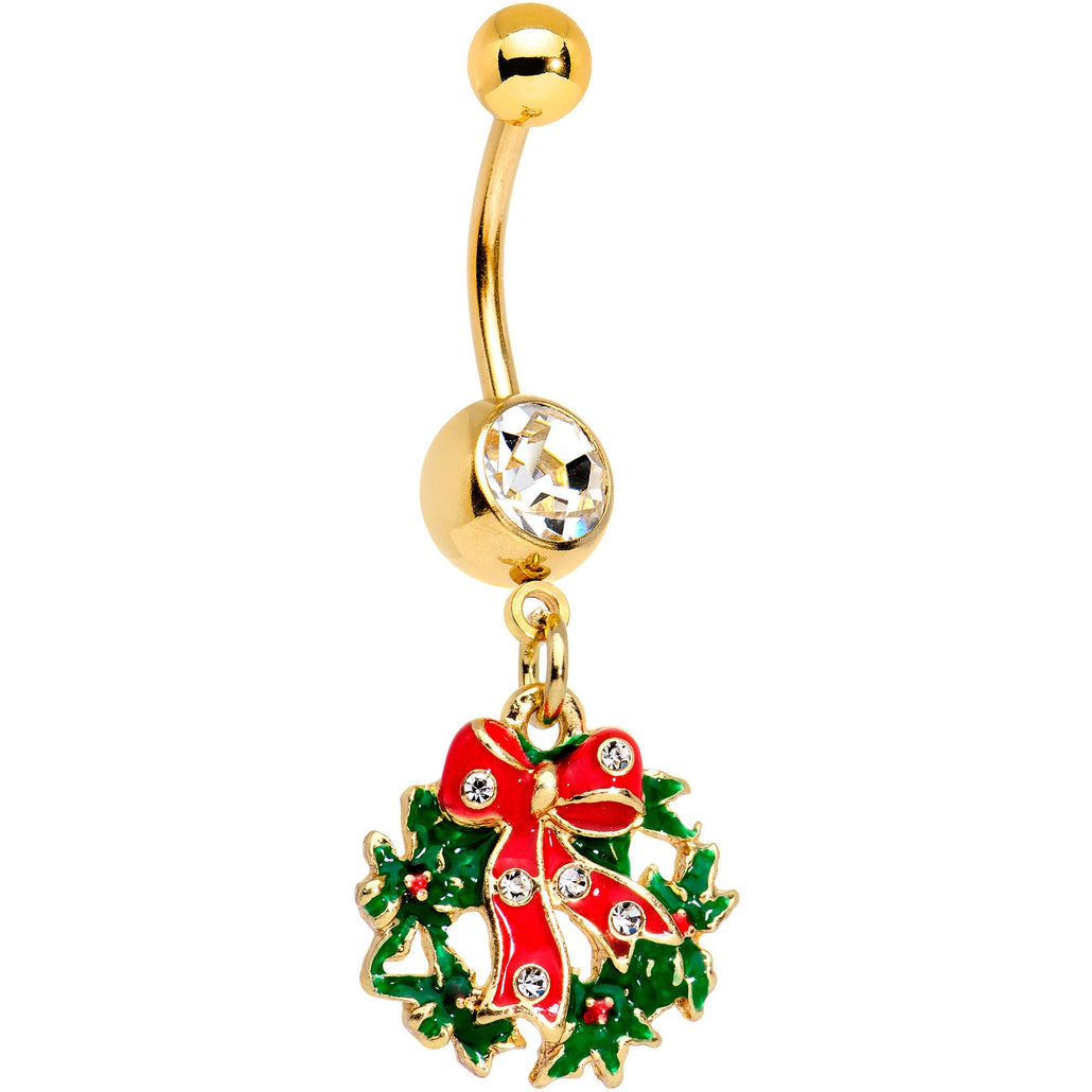 Clear Gem Red Bow Christmas Wreath Dangle Belly Ring