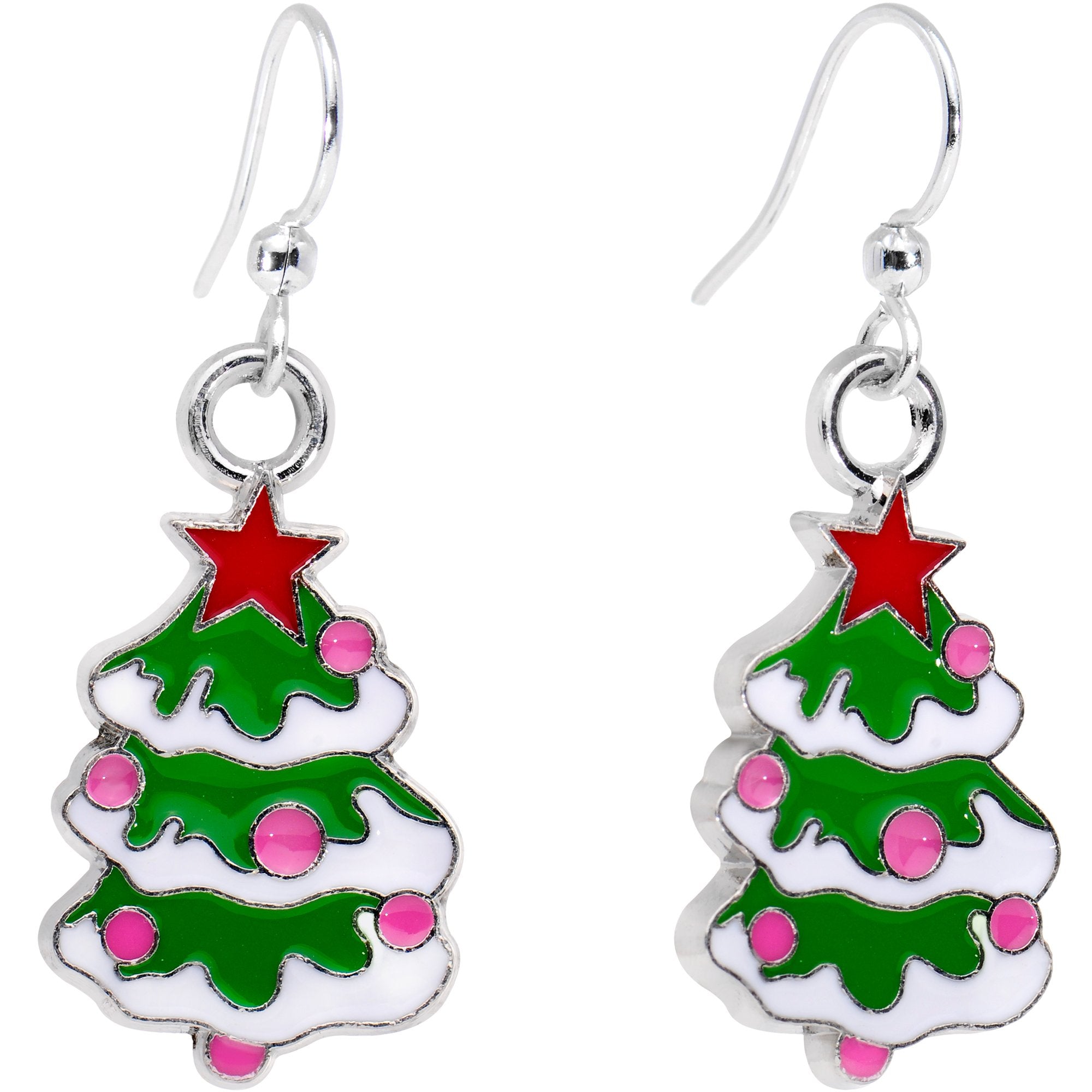 Silver Plated Snowy Christmas Tree Fishhook Earrings