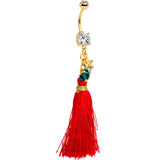 Red Holiday Tassel Dangle Belly Ring Created with Crystals