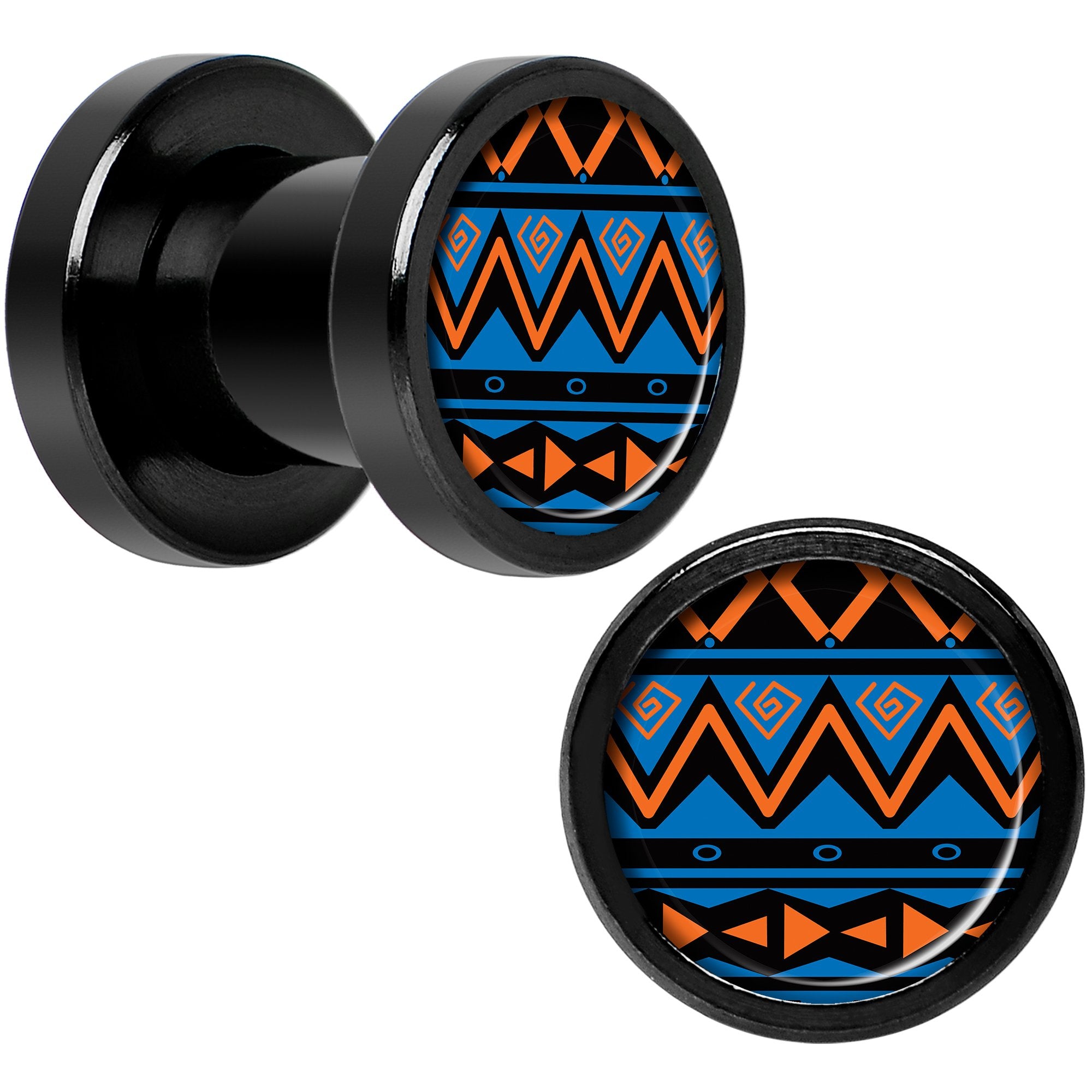 Blue Orange Tribal Print Black Anodized Screw Fit Plug Set 2 Gauge