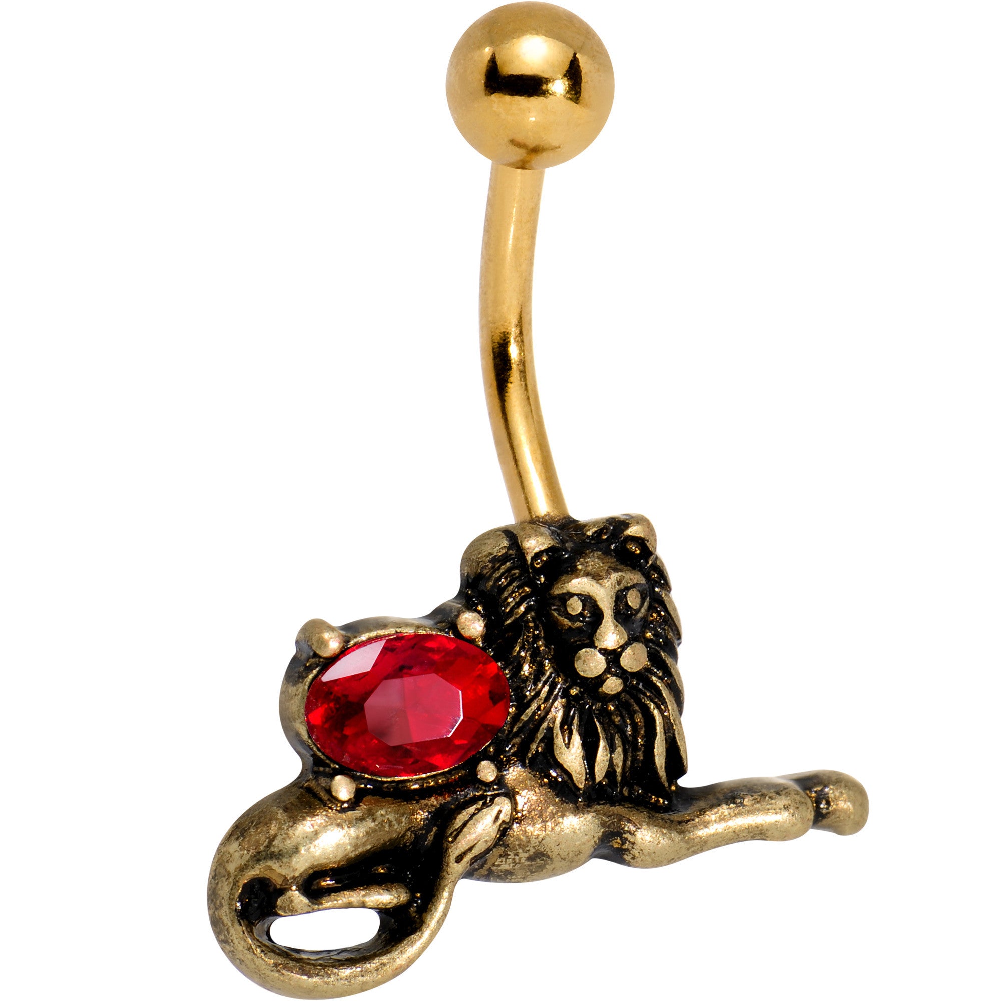 Red Gem Gold PVD Resting Guardian Lion Belly Ring