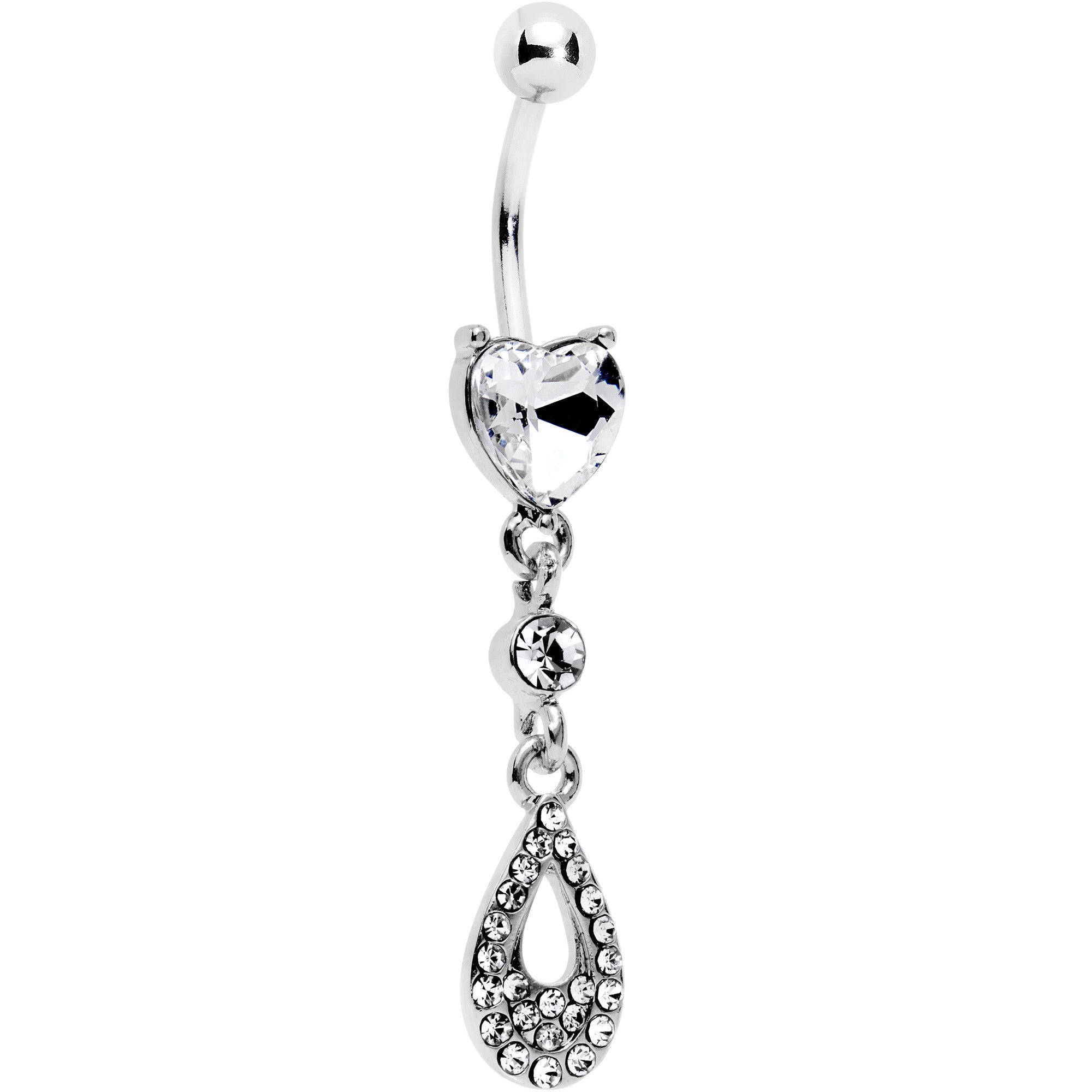 Clear CZ Gem Valentine Dew Drop Heart Dangle Belly Ring