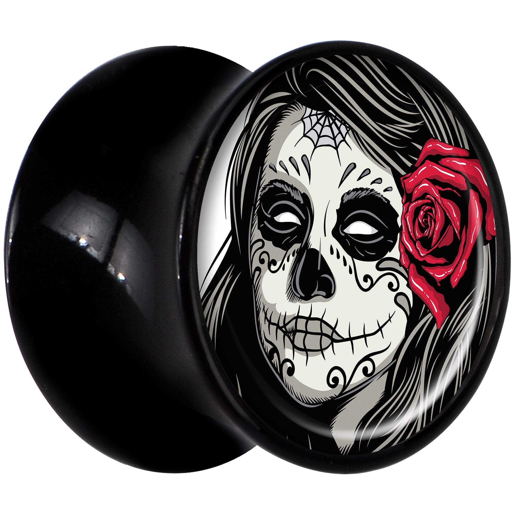 Black Acrylic Katrina Sugar Skull with Rose Flower Saddle Plug Set 1/2
