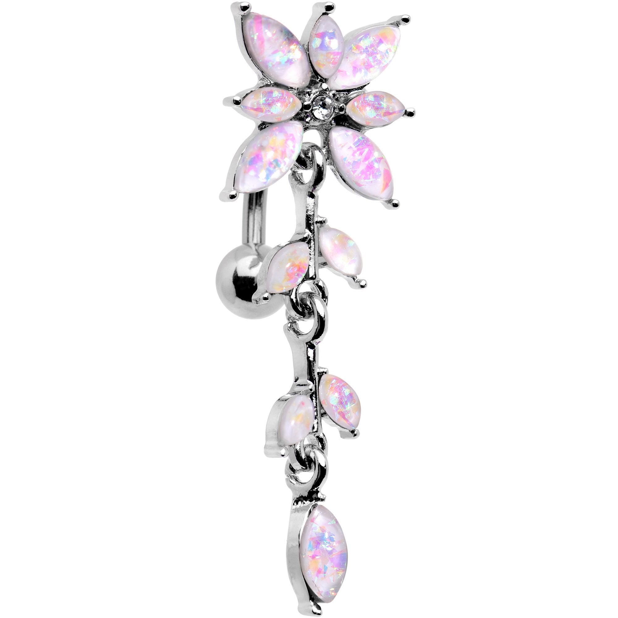 White Faux Opal Frosted Flower Trail Top Mount Dangle Belly Ring