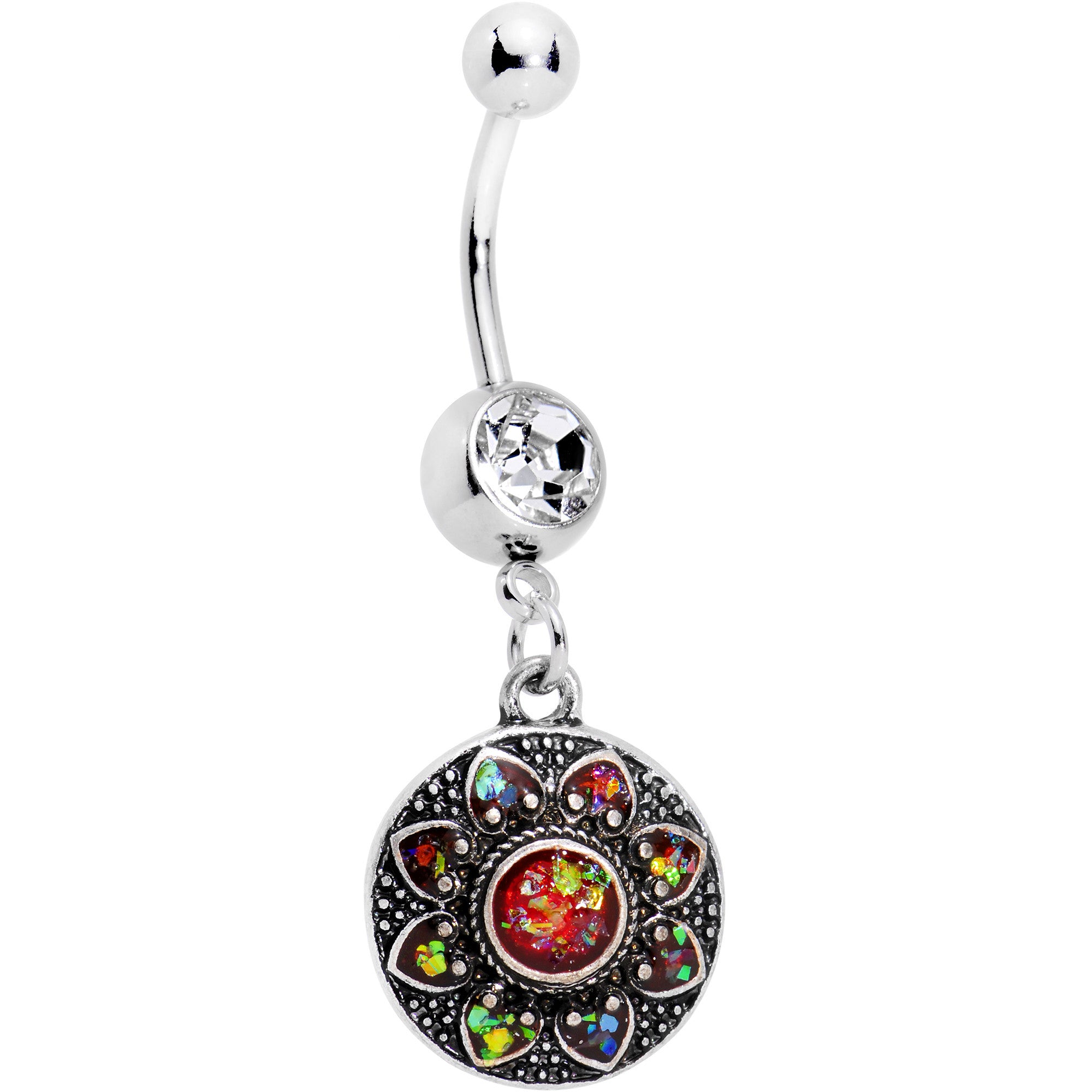 Red Faux Opal Enclosed Flower Dangle Belly Ring
