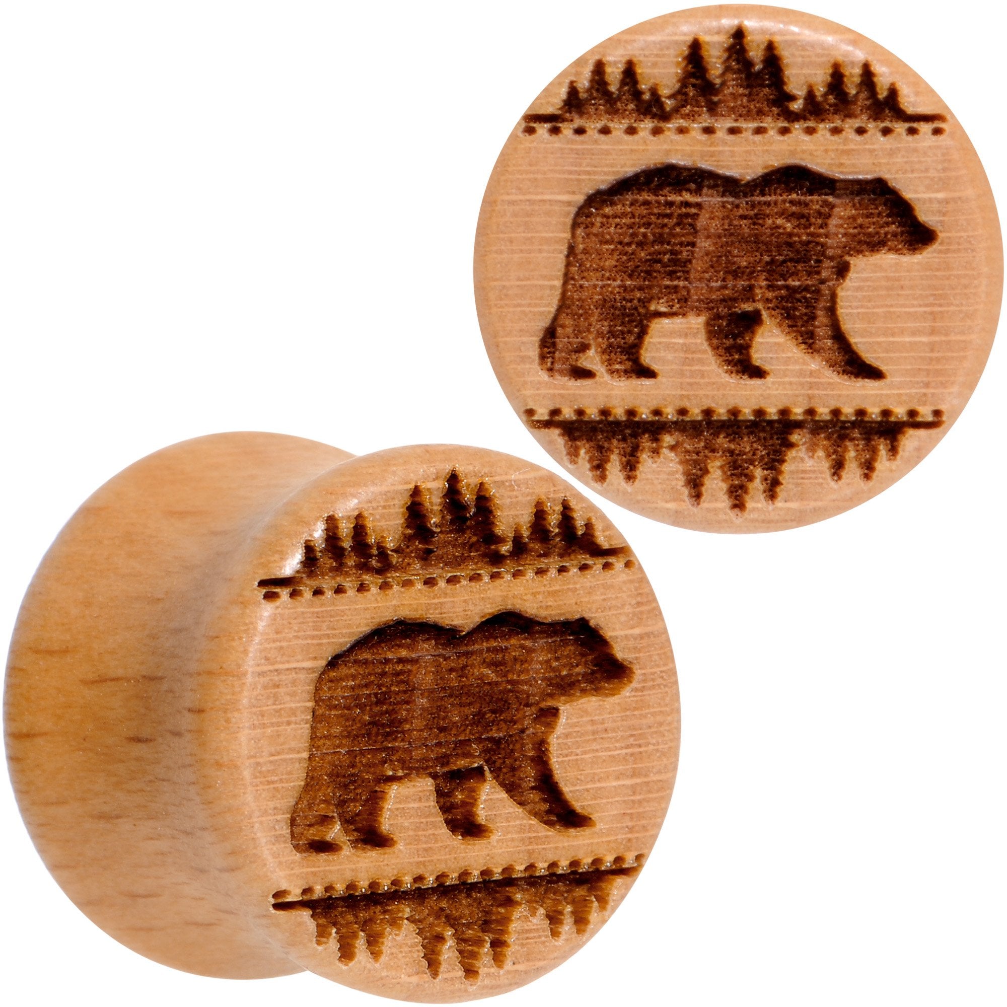 Organic Beechwood Holiday Bear in the Woods Saddle Plug Set Sizes 8mm to 20mm