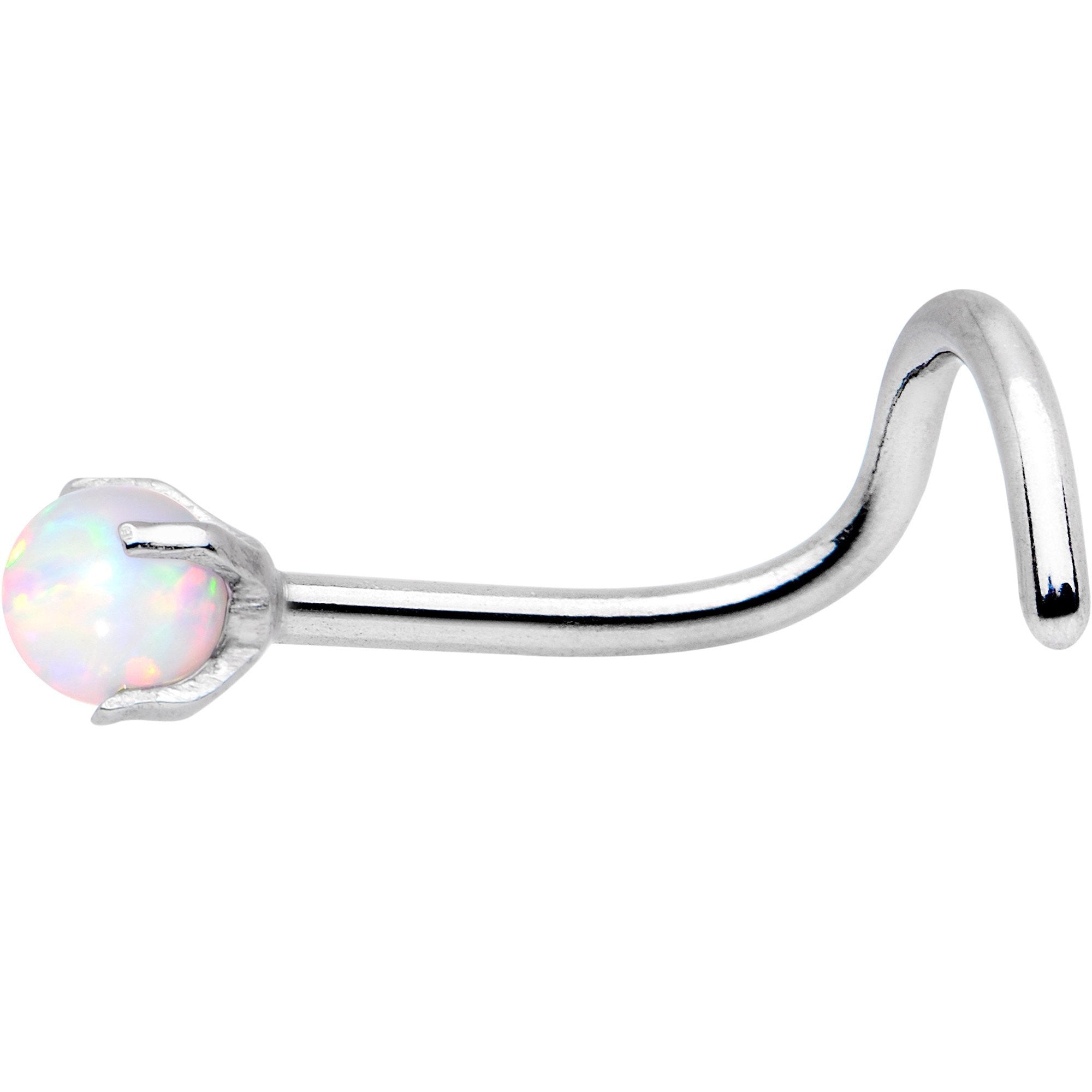 20 Gauge White Faux Opal Pronged Left Nose Screw