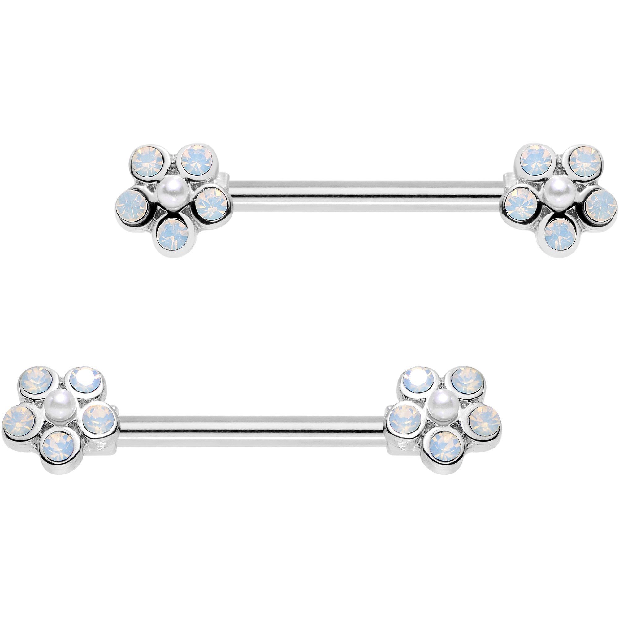 9/16 White Faux Opal Flower Barbell Nipple Ring Set