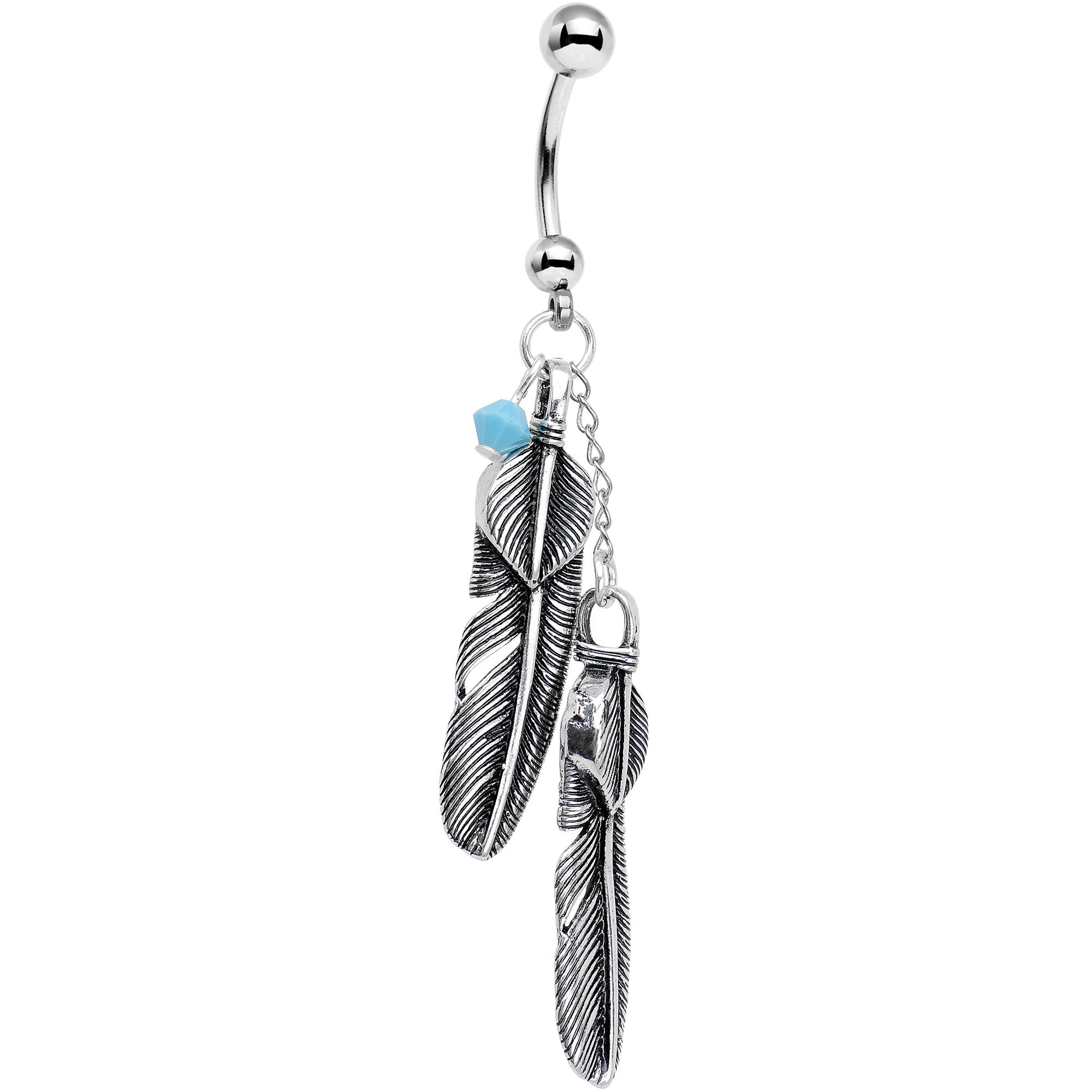 Handmade Blue Gem Feather Belly Ring Created with Crystals