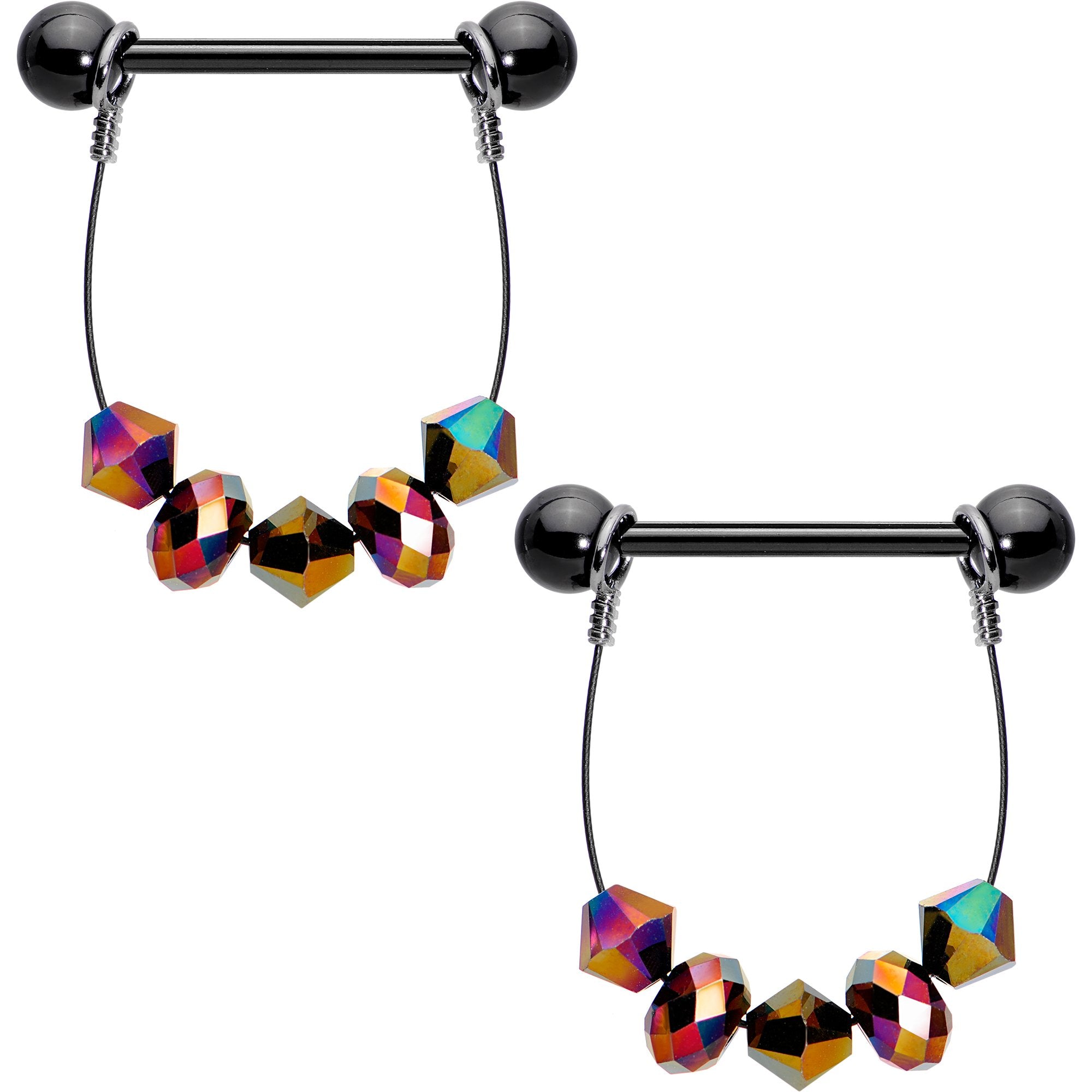Handcrafted Black Anodized Goth Rainbow Dangle Barbell Nipple Ring Set