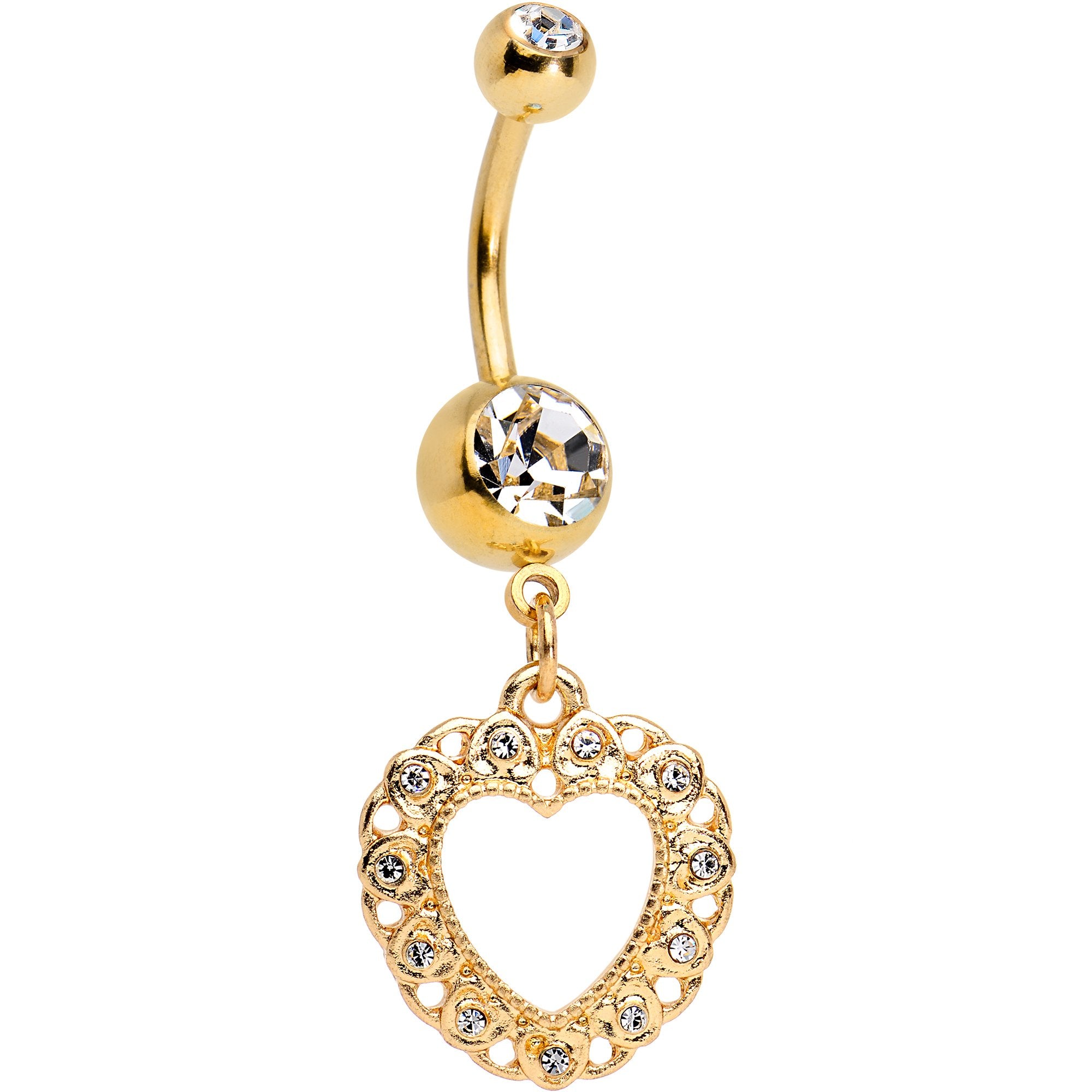 Clear Gem Gold Tone Anodized Lacey Hollow Heart Dangle Belly Ring