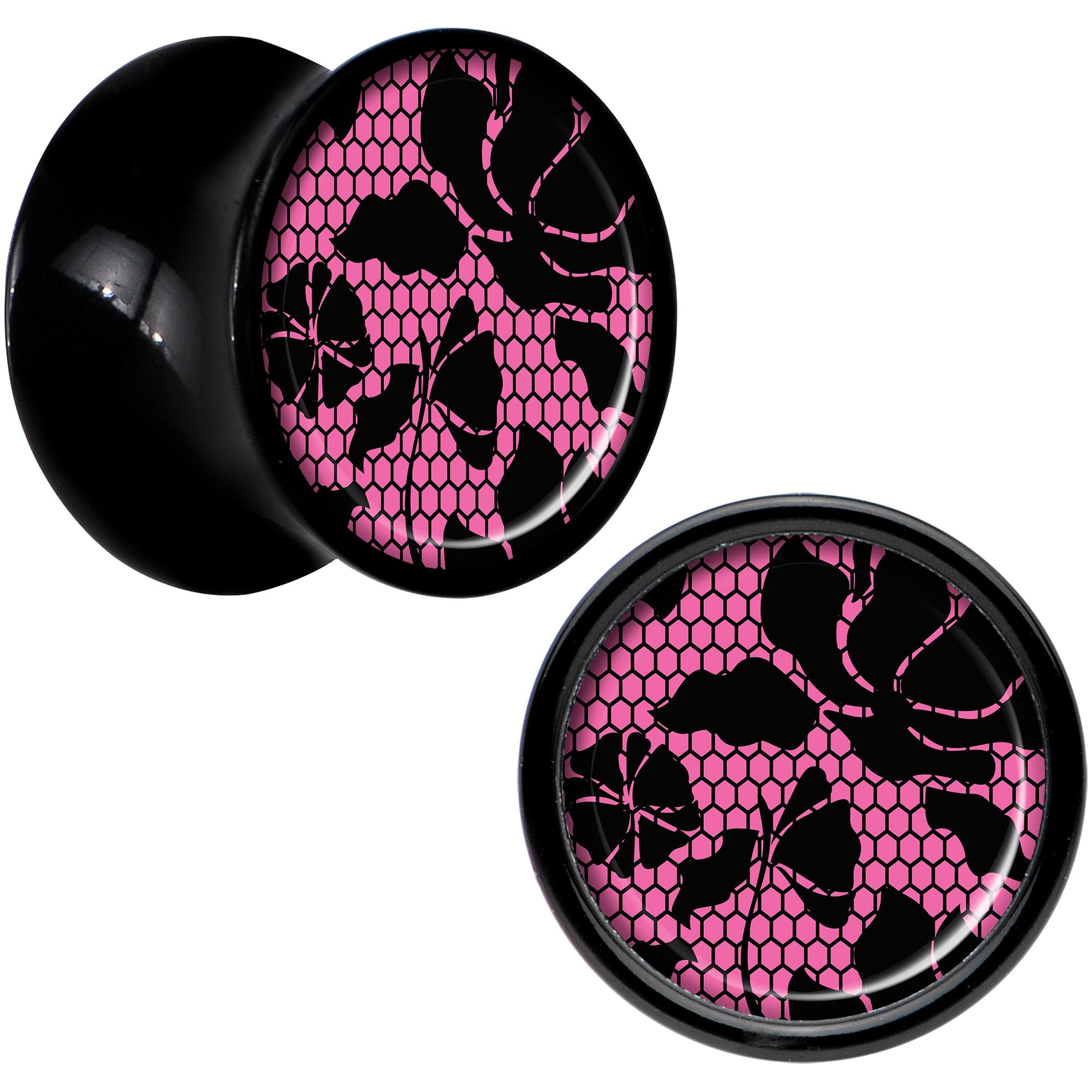 Black Acrylic Pink Floral Lace Saddle Plug Set 00G