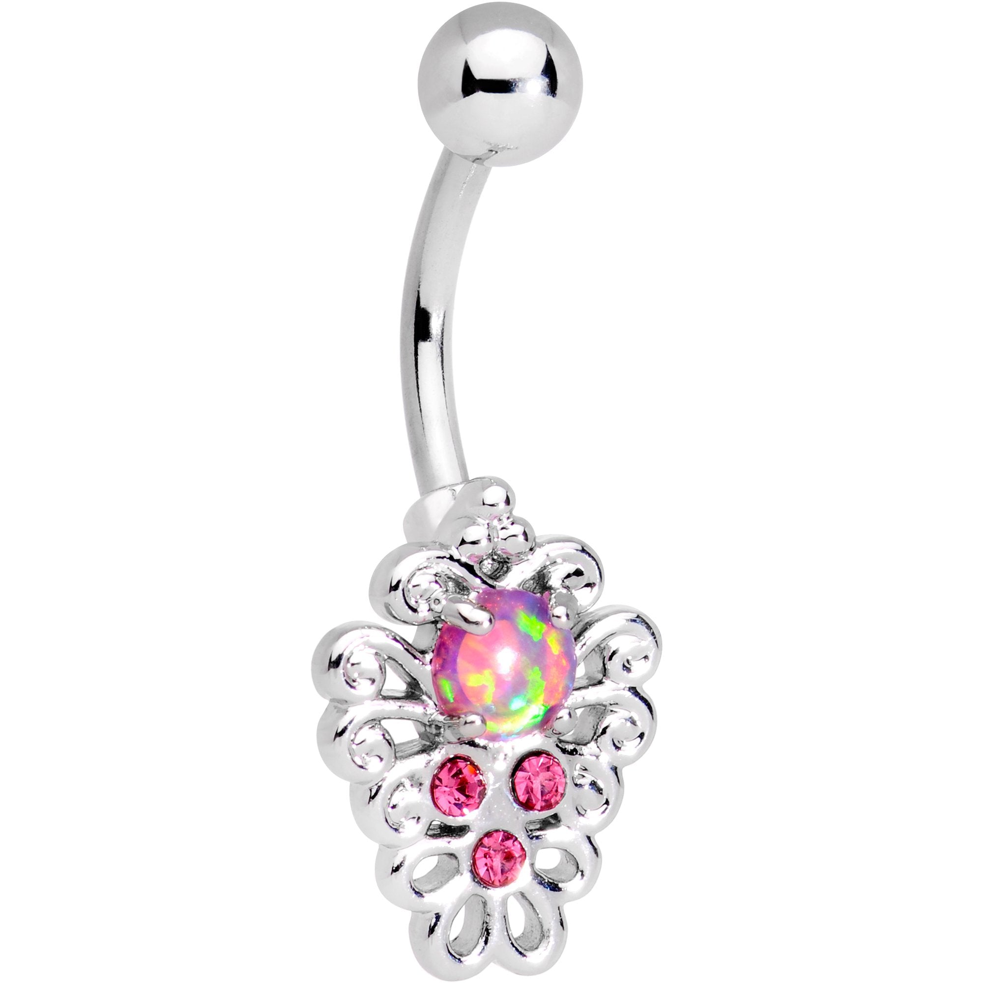 Pink Synthetic Opal Filigree Pendant Belly Ring