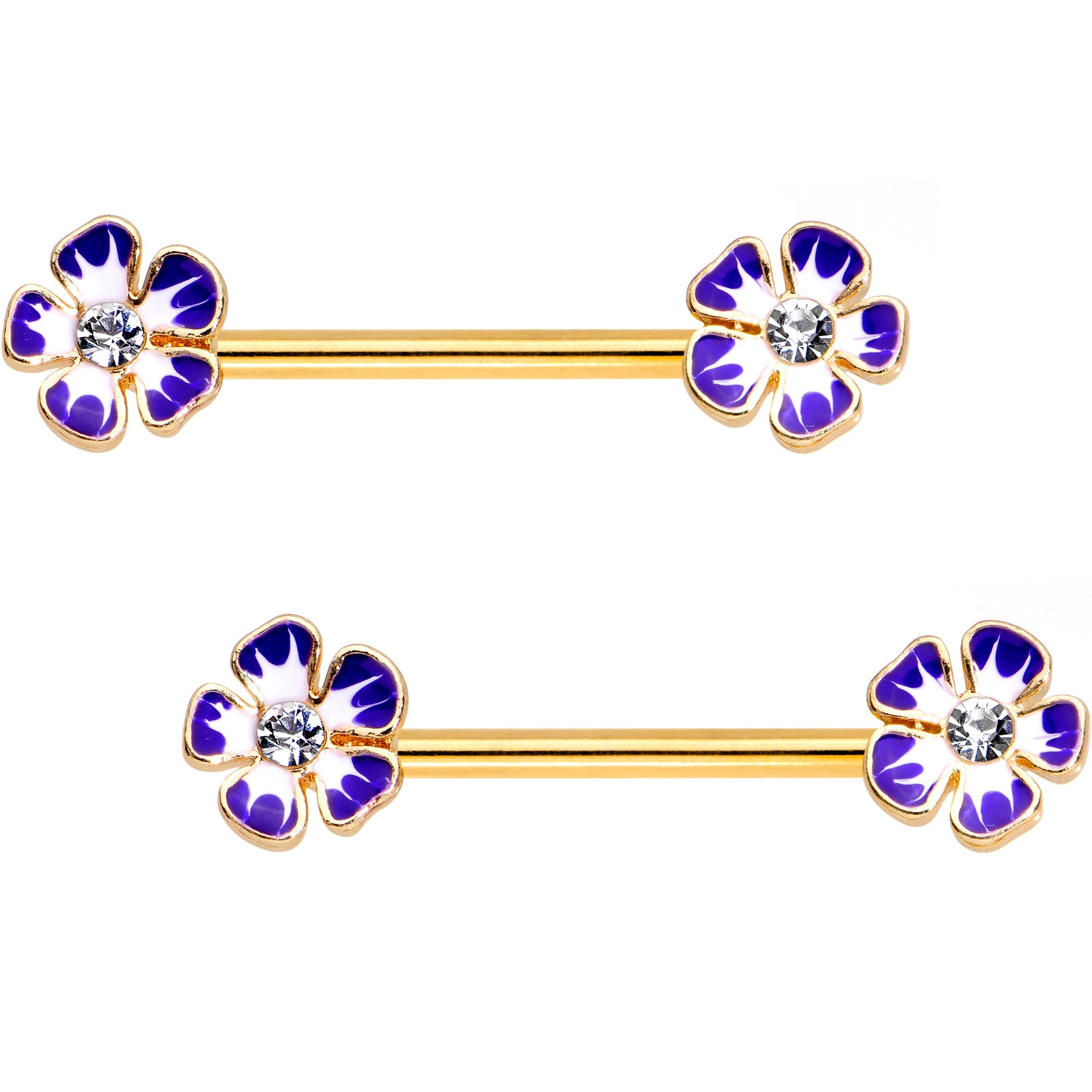 Clear Gem Gold PVD Morning Glory Flower Barbell Nipple Ring Set