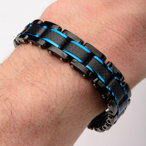 Mens Stainless Steel Black Blue IP and Solid Carbon Fiber Center Link 4mm Bracelet