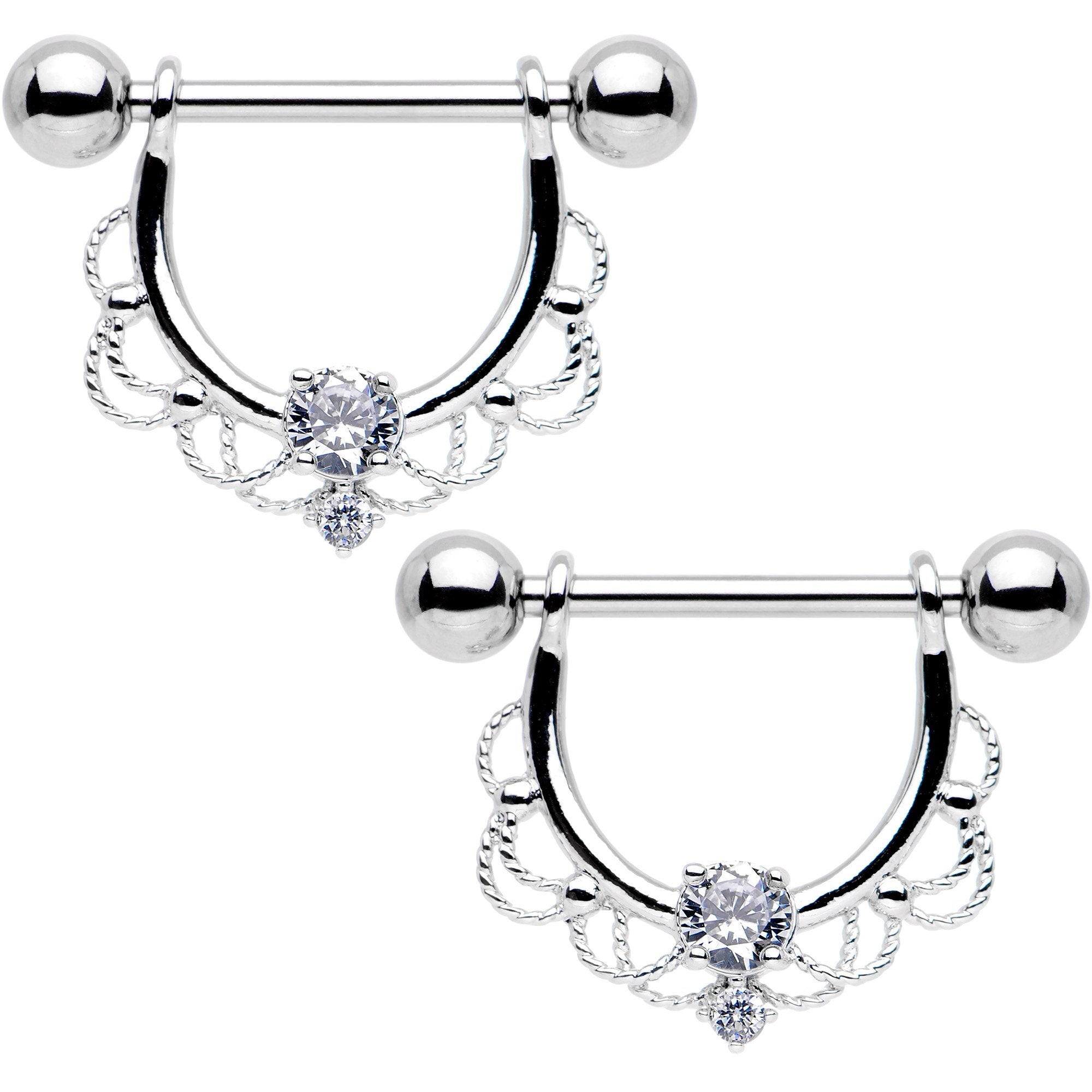9/16 Clear CZ Gem Twin Spirits Barbell Nipple Ring Set