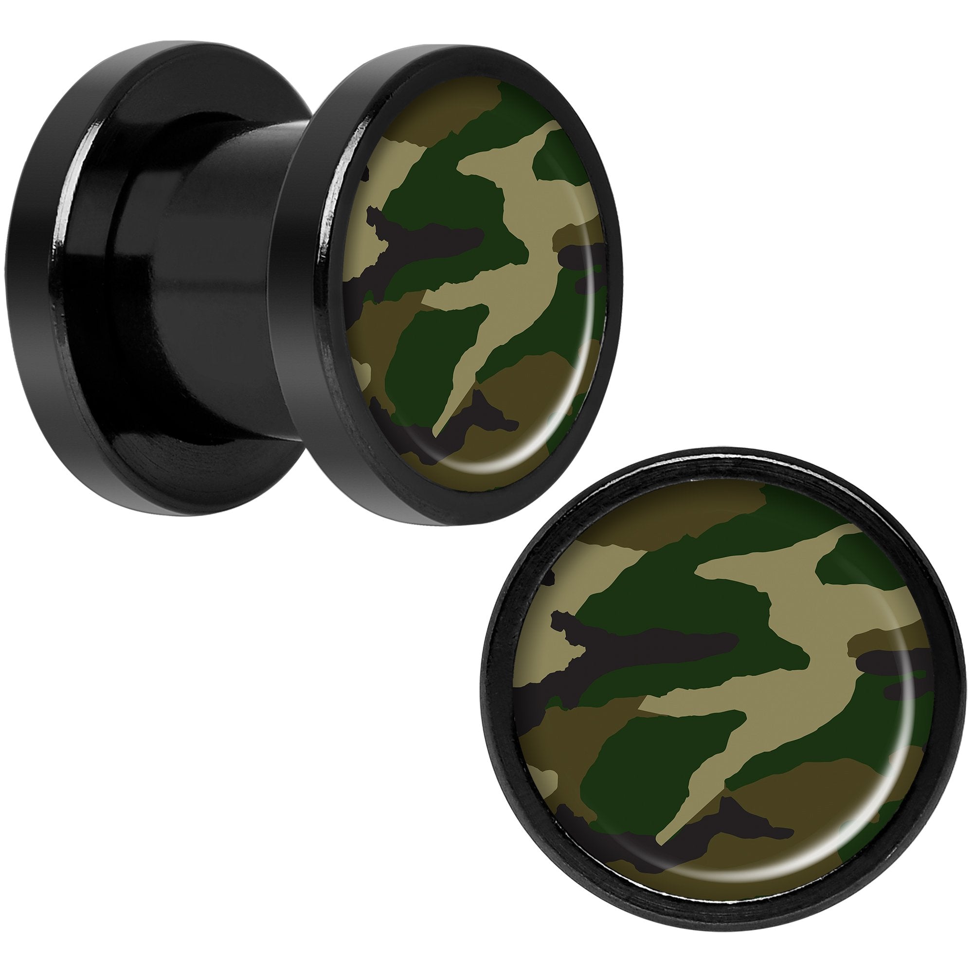 Woodland Camo Print Black Anodized Screw Fit Plug Set 0G