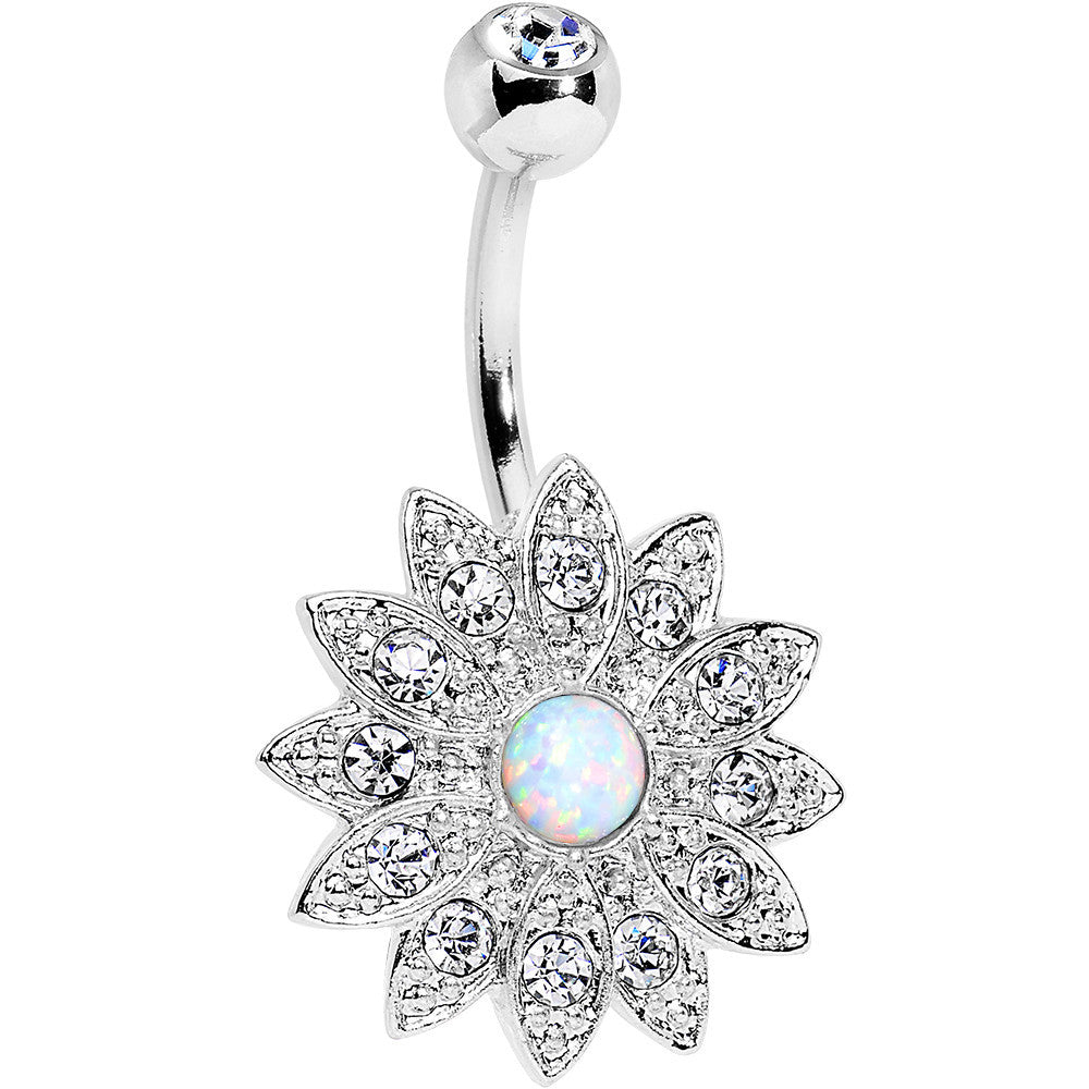 White Faux Opal Clear Gem Steel Fancy Sparkle Flower Belly Ring