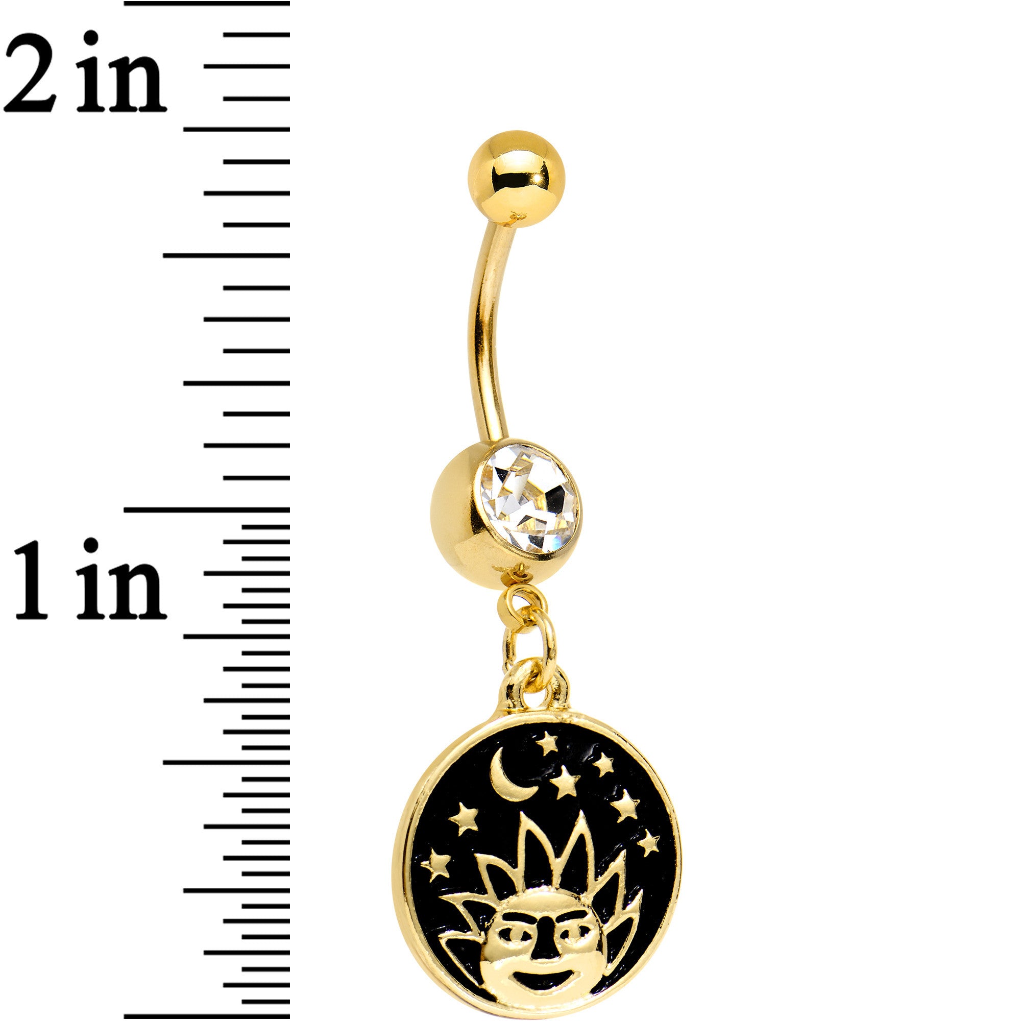 Clear CZ Gem Gold PVD Sun and Moon Disc Dangle Belly Ring