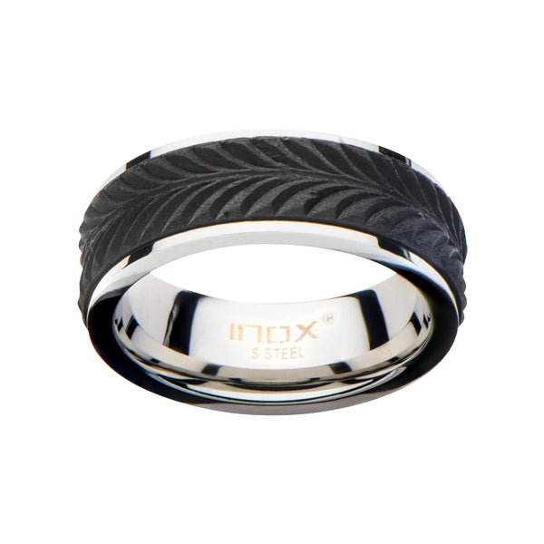 Mens Center Solid Carbon Fiber Leaf Patterned Stainless Steel Ring