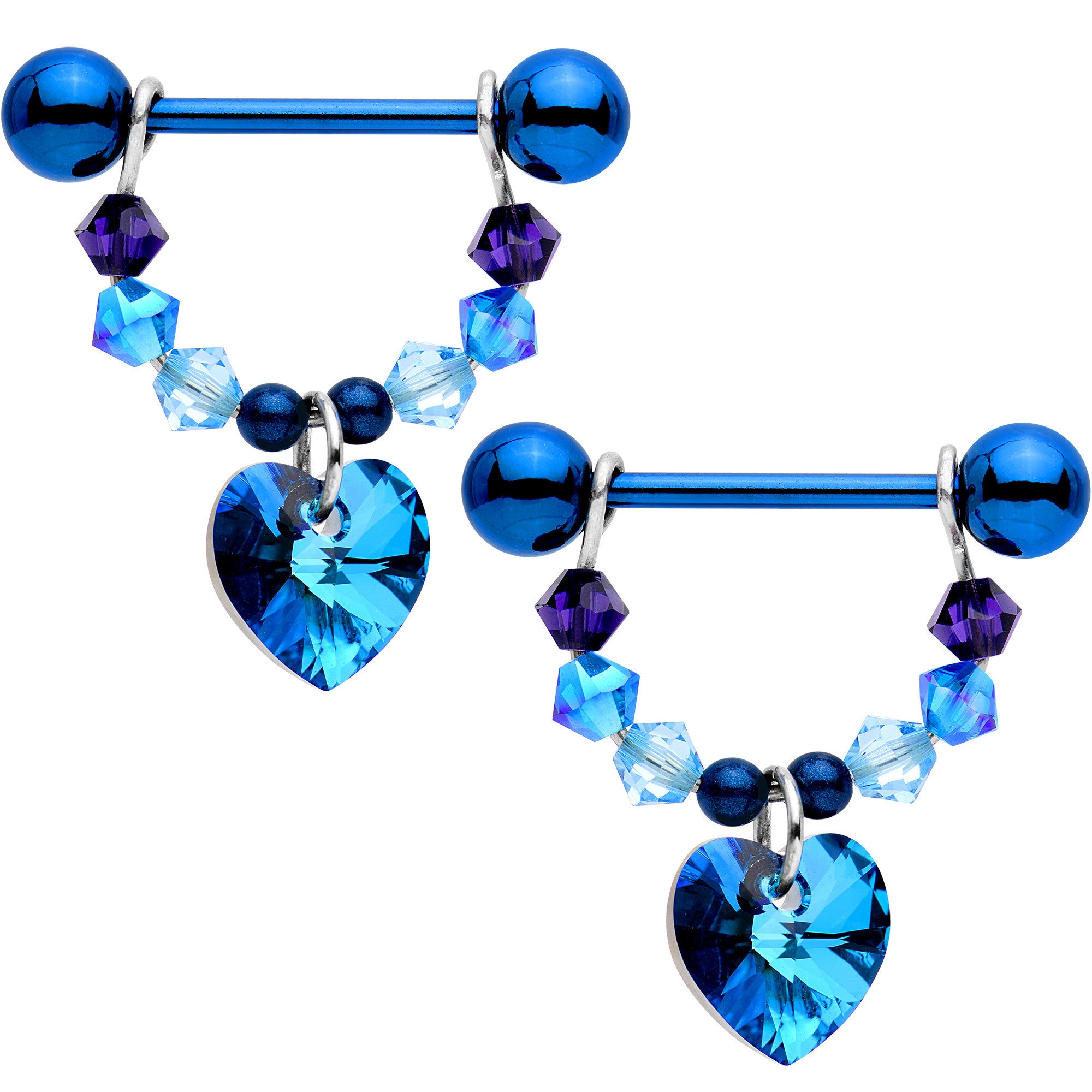 Blue Heart Dangle Nipple Ring Set Created with Crystals
