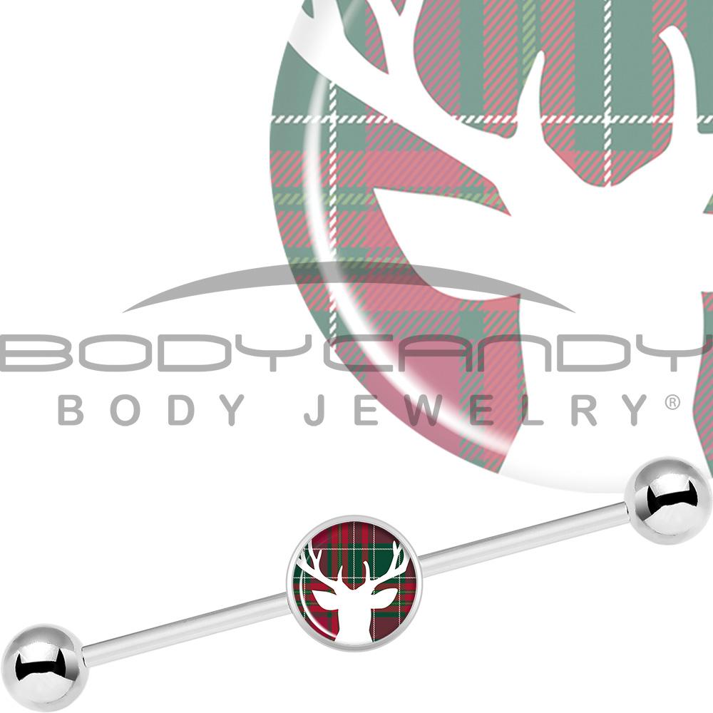 14G Red Green Plaid Reindeer Industrial Barbell 37mm