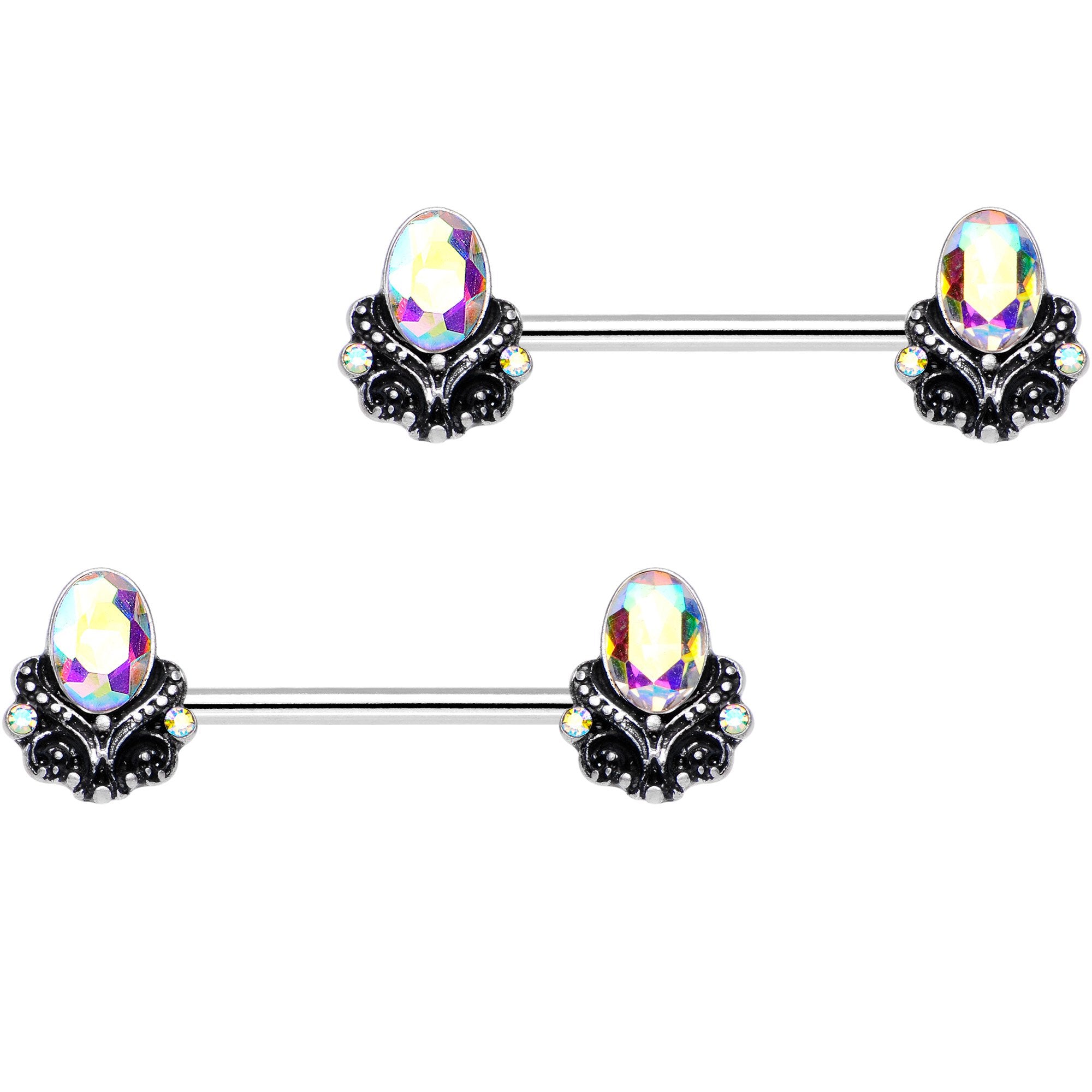 14 Gauge 5/8" Aurora Gem Gothic Frame Barbell Nipple Ring Set