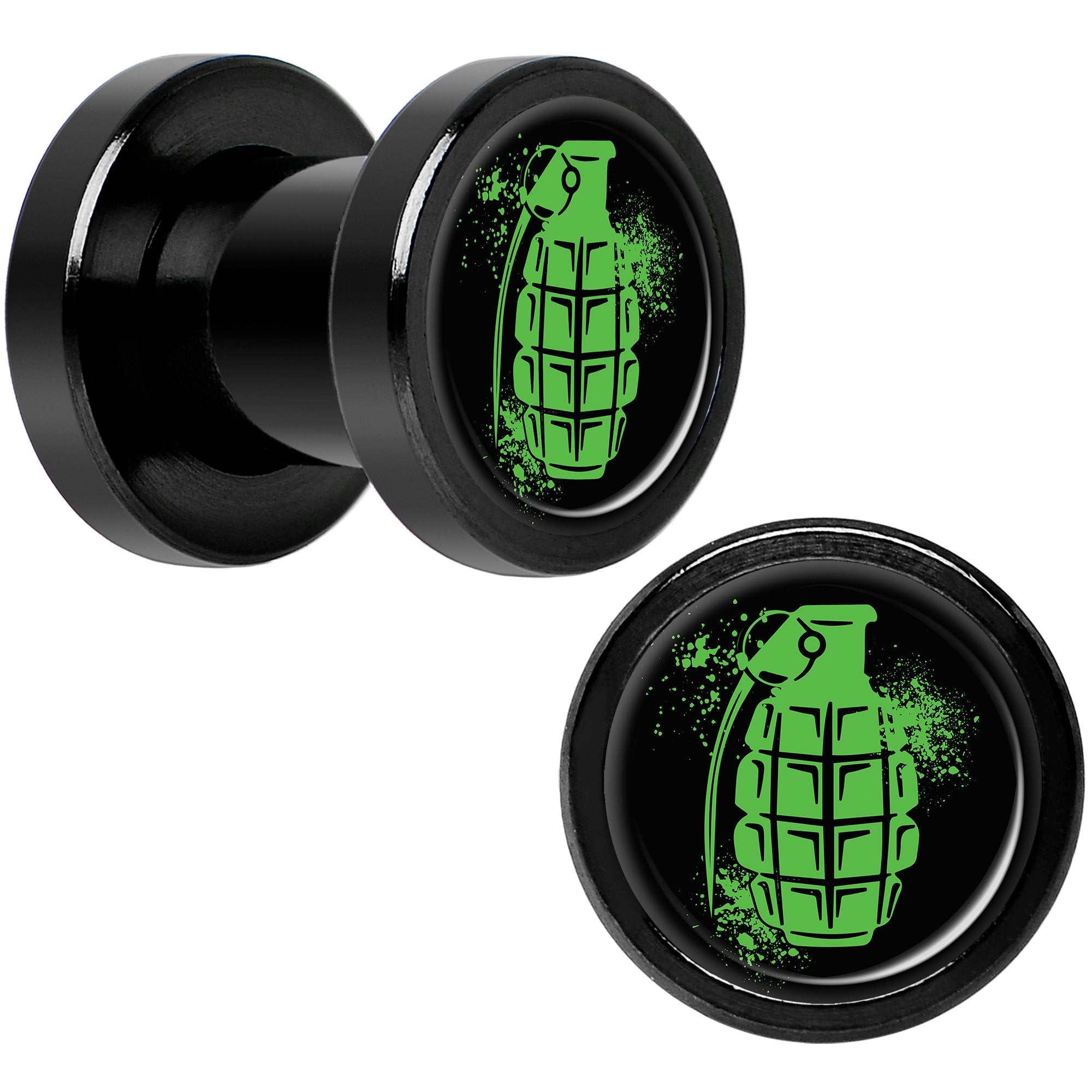 Green Grenade Black Anodized Screw Fit Plug Set 2 Gauge