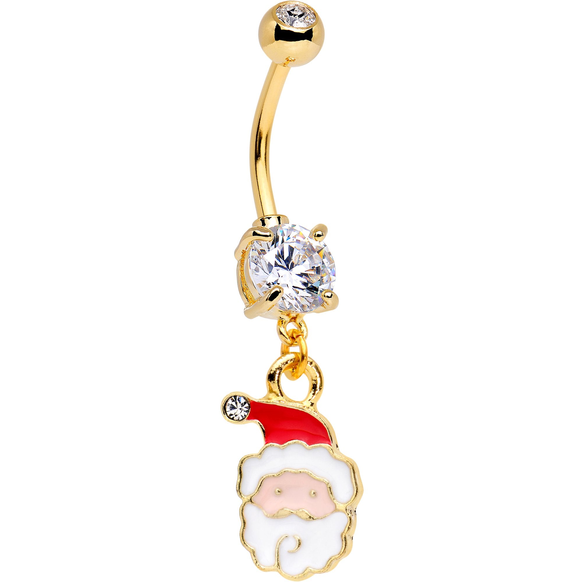Clear Gem Gold Tone Anodized Jolly Santa Dangle Belly Ring