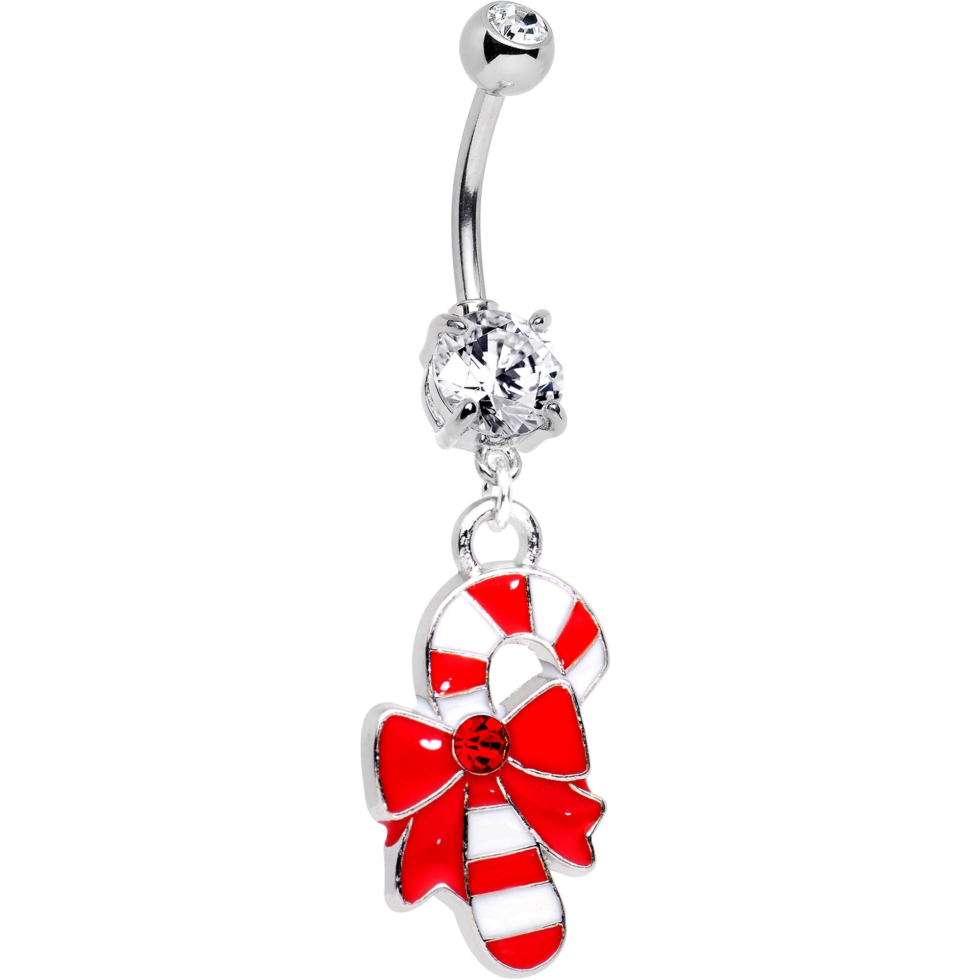 Clear Red CZ Gem Bow Candy Cane Dangle Belly Ring