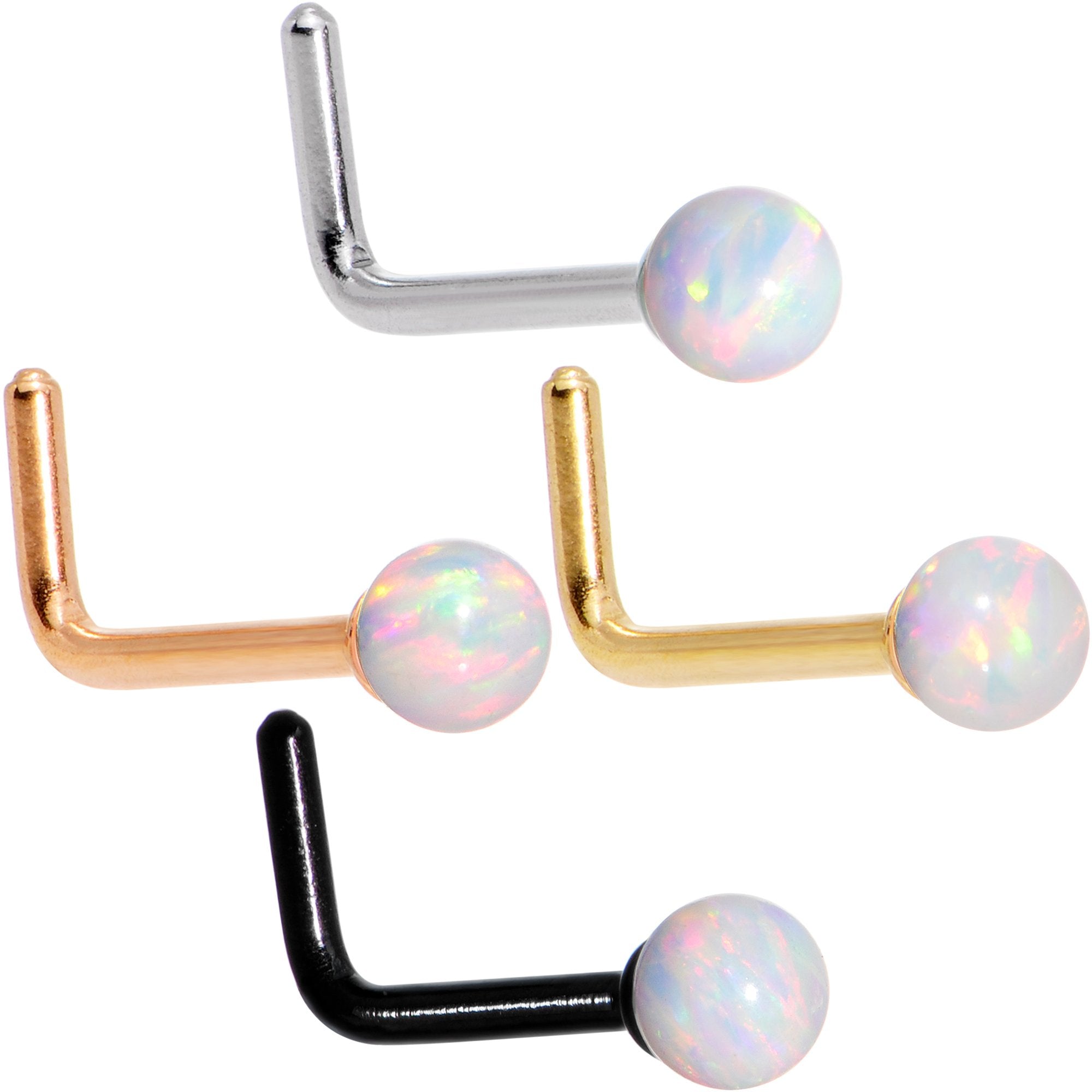 White 2.5mm Synthetic Opal Ball Anodized L Shaped Nose Ring 4 Pack Set