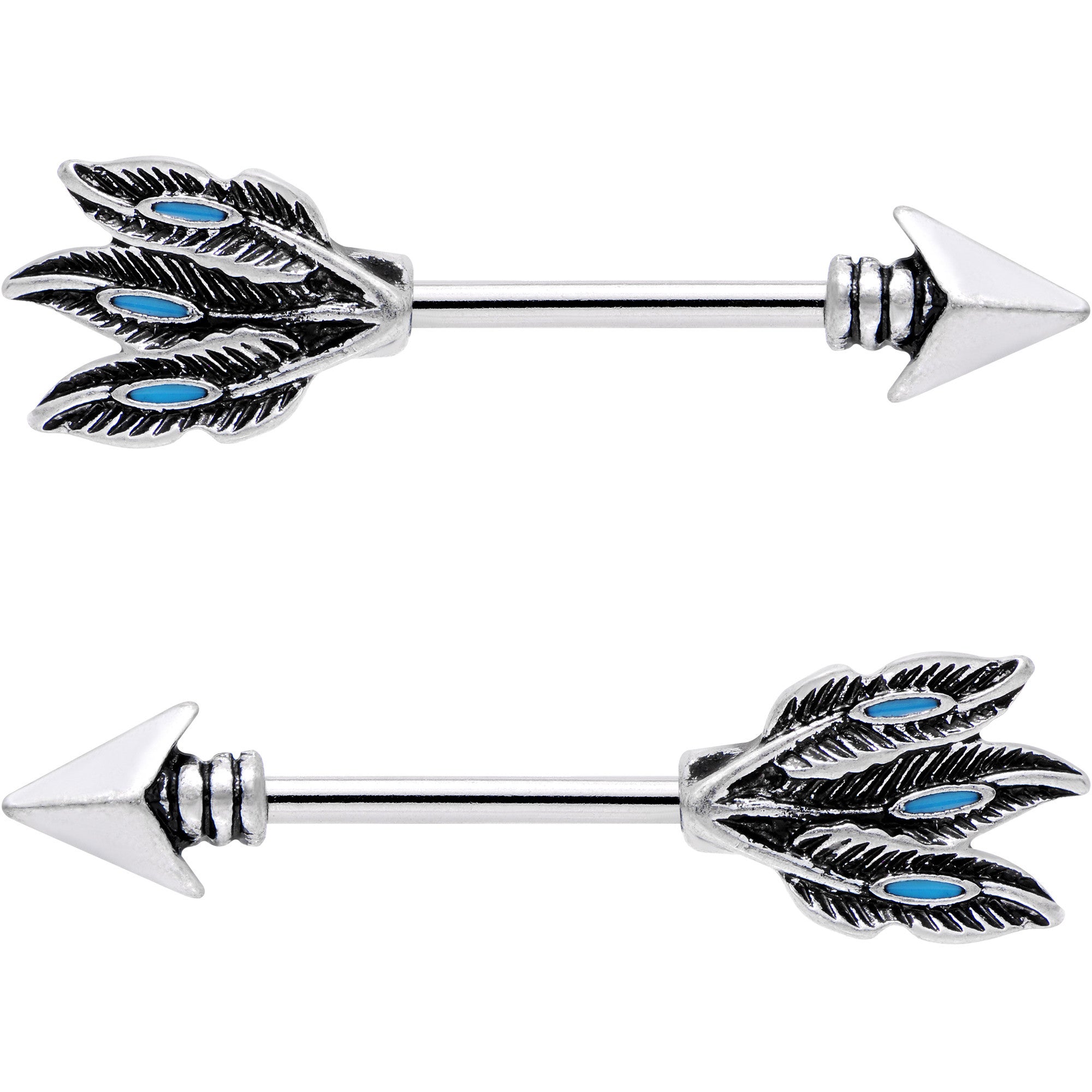 9/16 Faux Turquoise Fly Away Feathered Arrow Barbell Nipple Ring Set