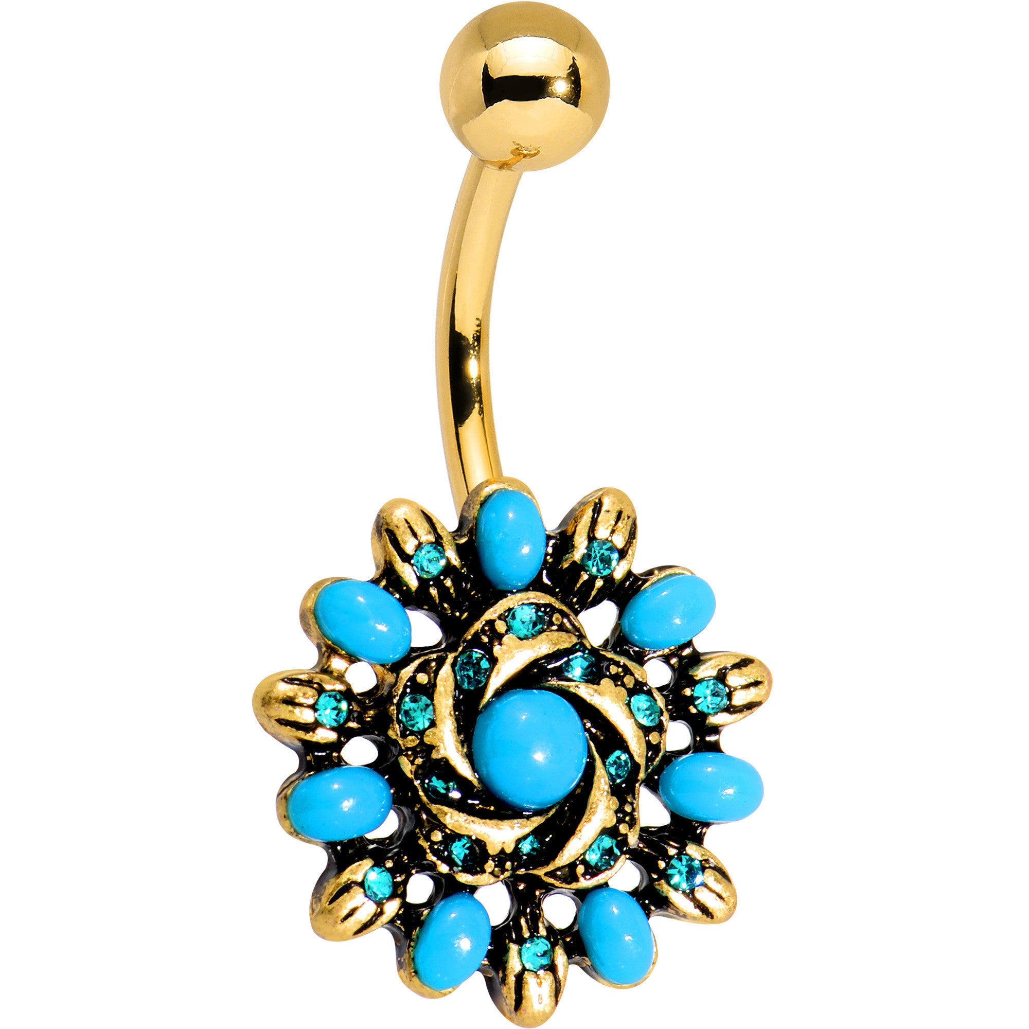Aqua Gem Blue Orb Gold Anodized Southwest Swirl Flower Belly Ring