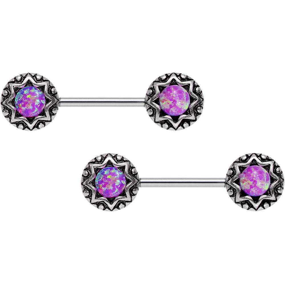 14G 5/8 Pink Synthetic Opal Lotus Flower Nipple Barbell Set
