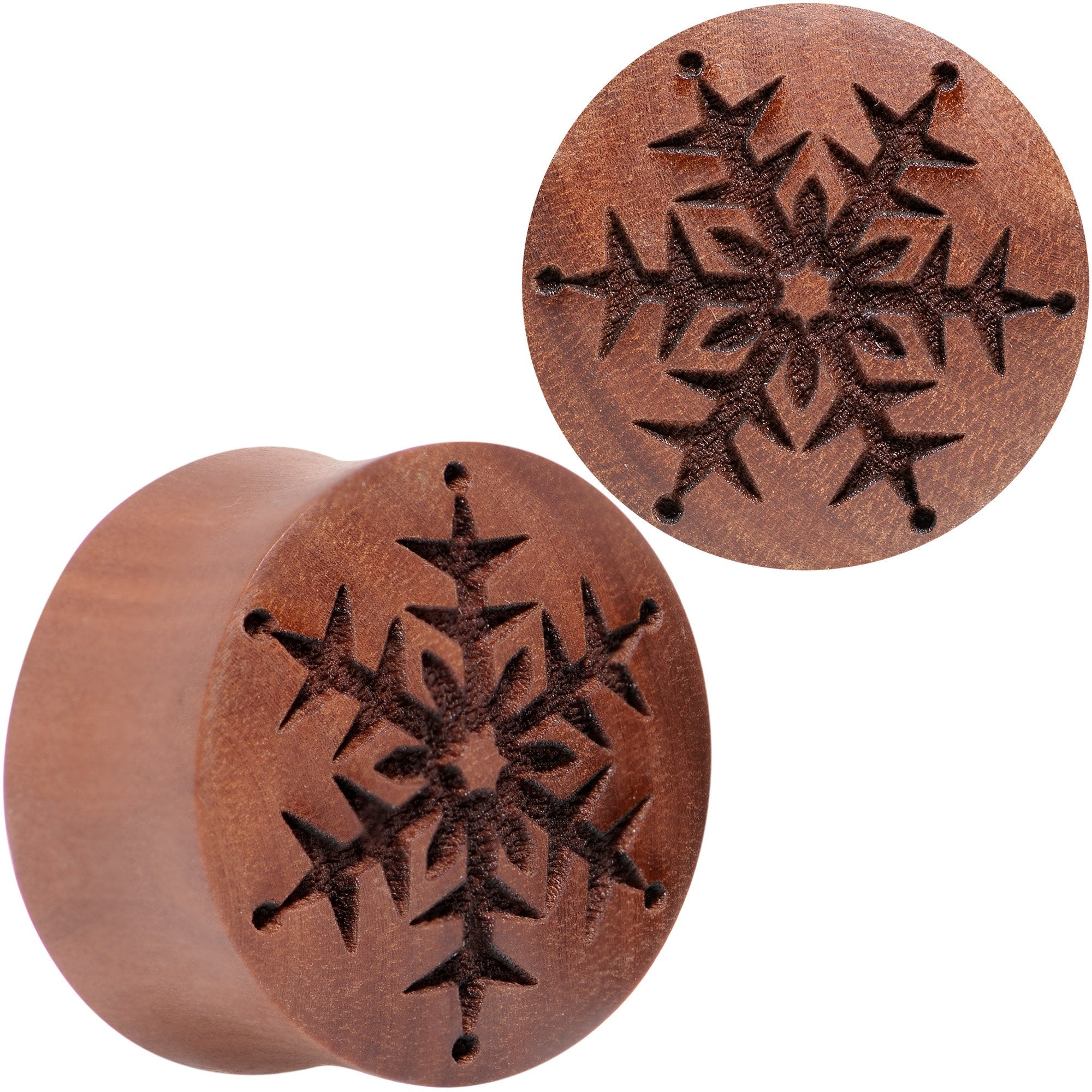 Organic Sawo Wood Holiday Winter Snowflake Saddle Plug Set Sizes 8mm to 25mm