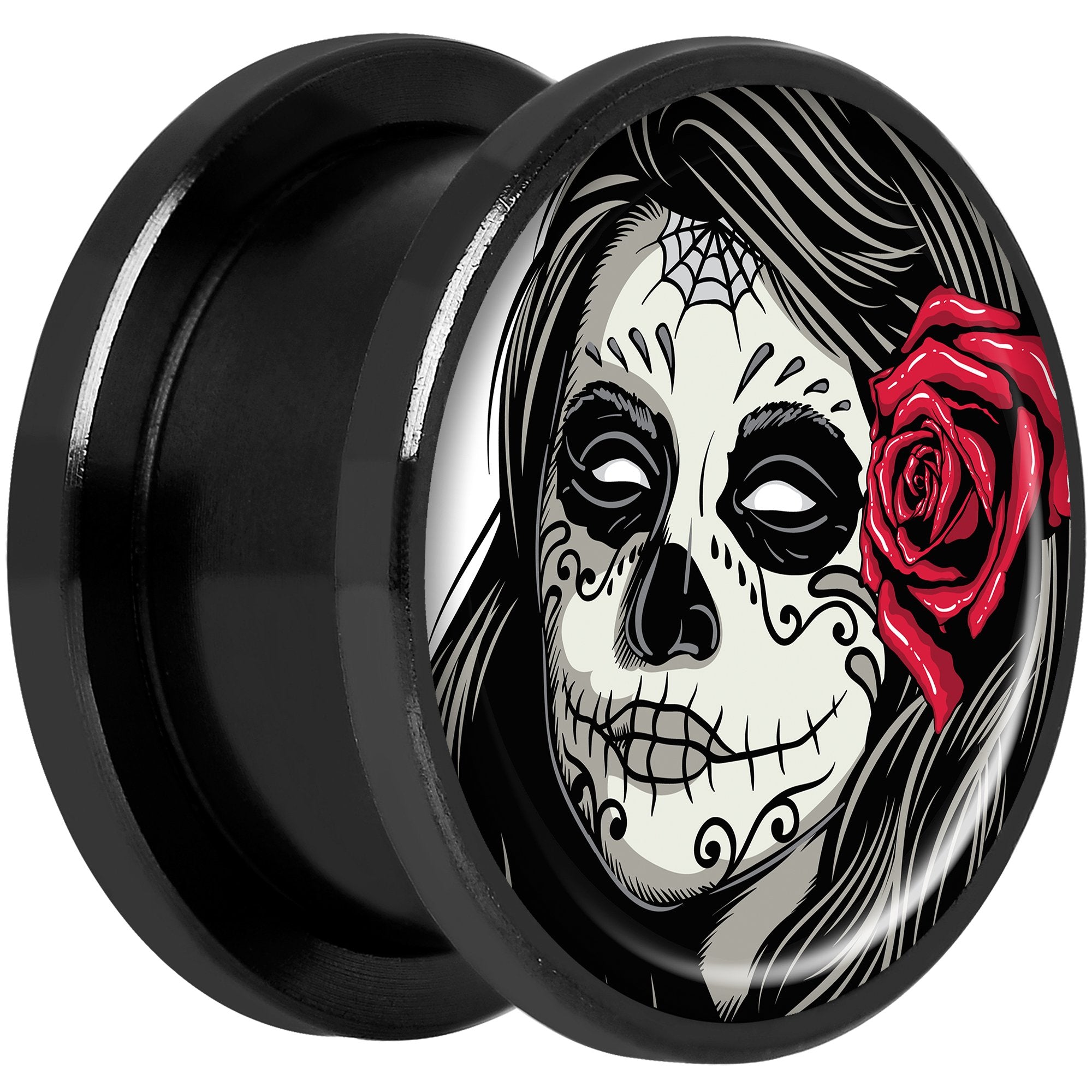 Katrina Sugar Skull with Rose Flower Black Anodized Screw Fit Plug Set 5/8