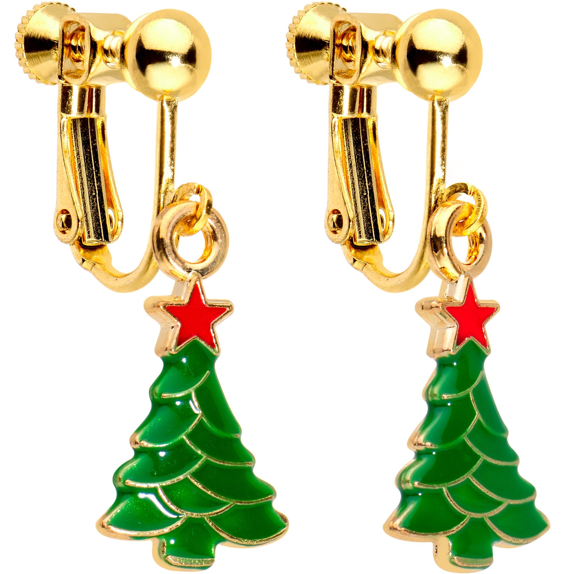 Gold Plated Christmas Tree Star Clip On Earrings