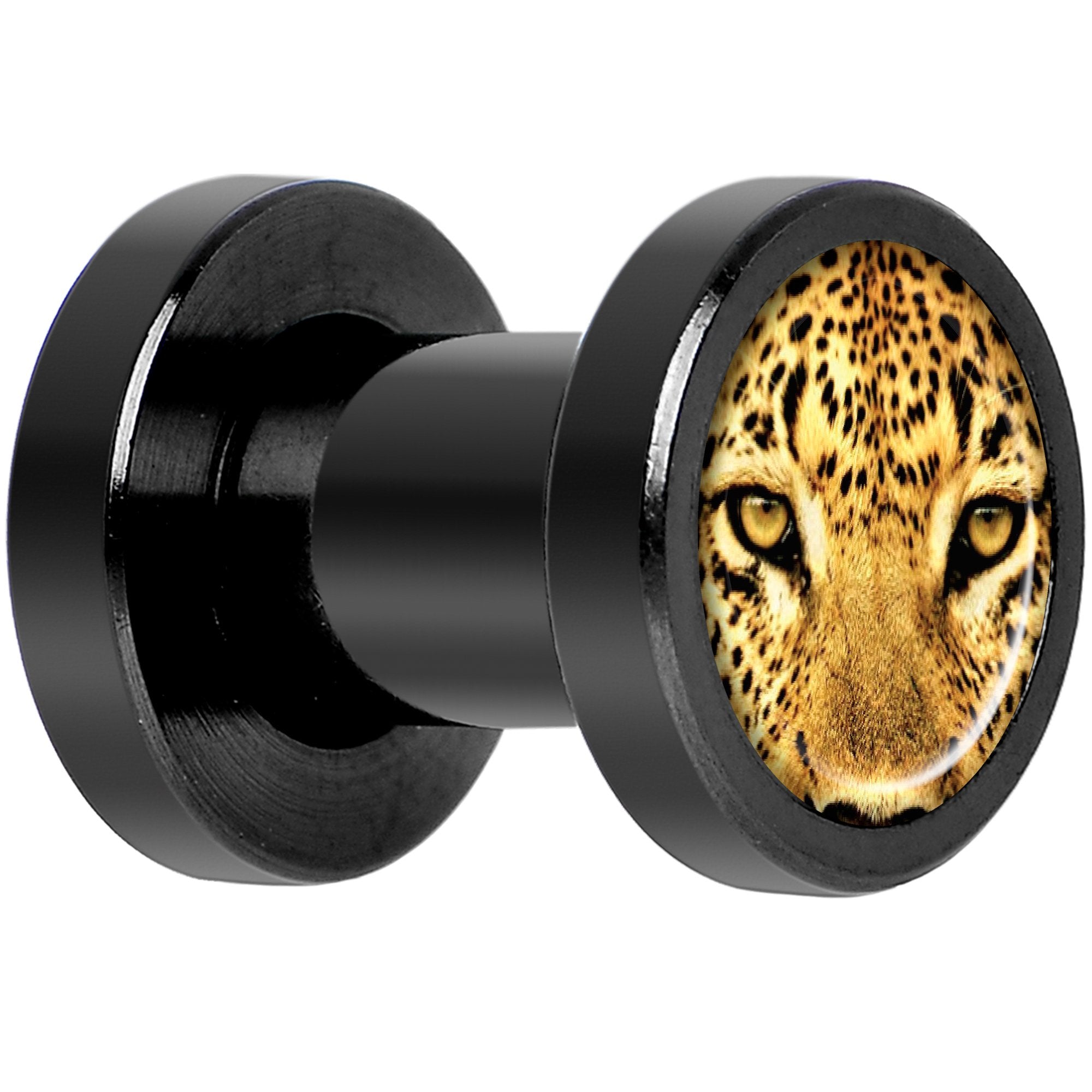 Full Color Leopard Eyes Black Anodized Screw Fit Plug Set 4 Gauge