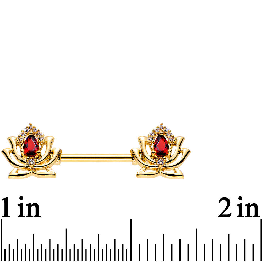 9/16 Red Clear Gem Gold PVD Red Hot Lotus Flower Nipple Barbell Set
