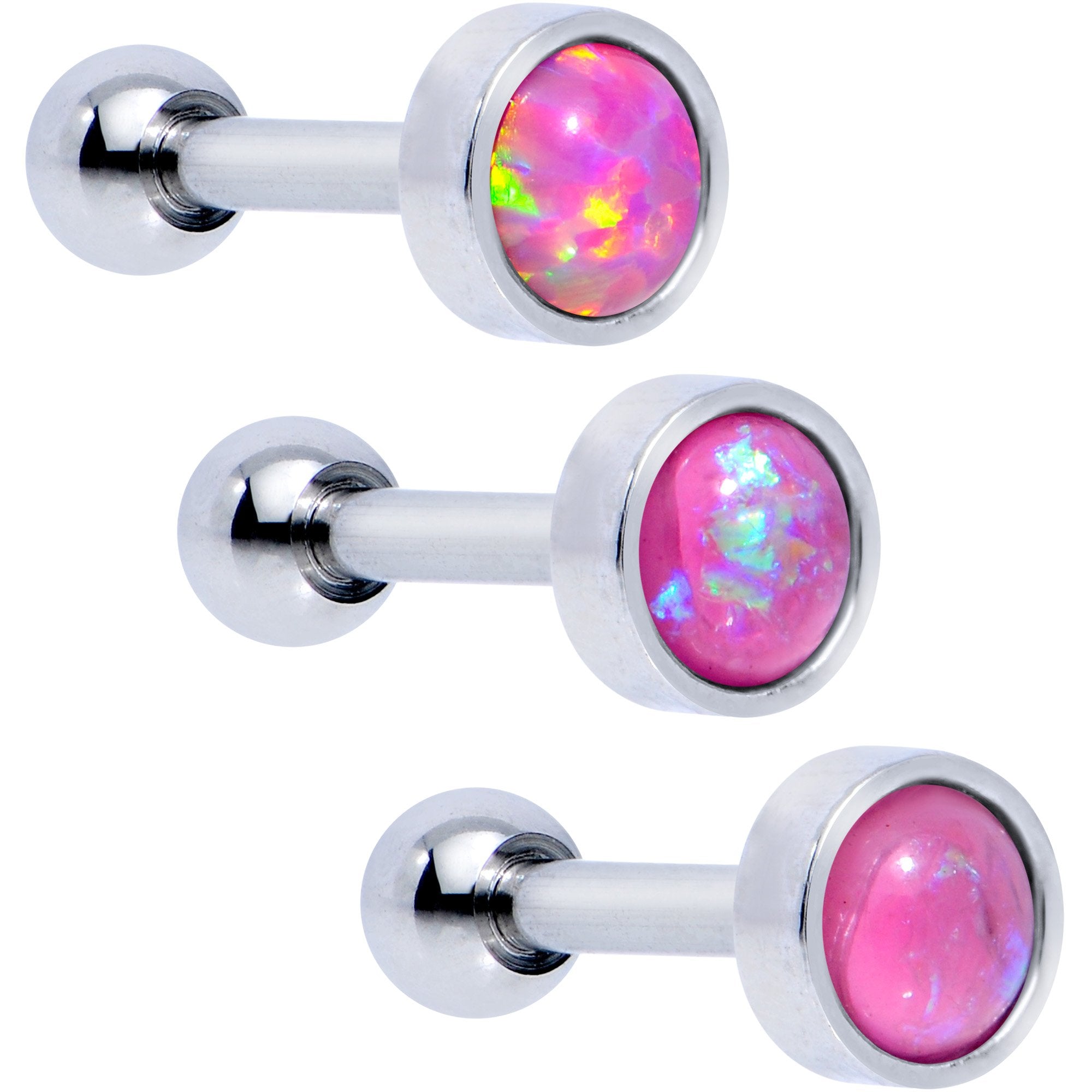 16 Gauge 1/4 Pink Faux Opal Tragus Cartilage Earring 3 Pack Set