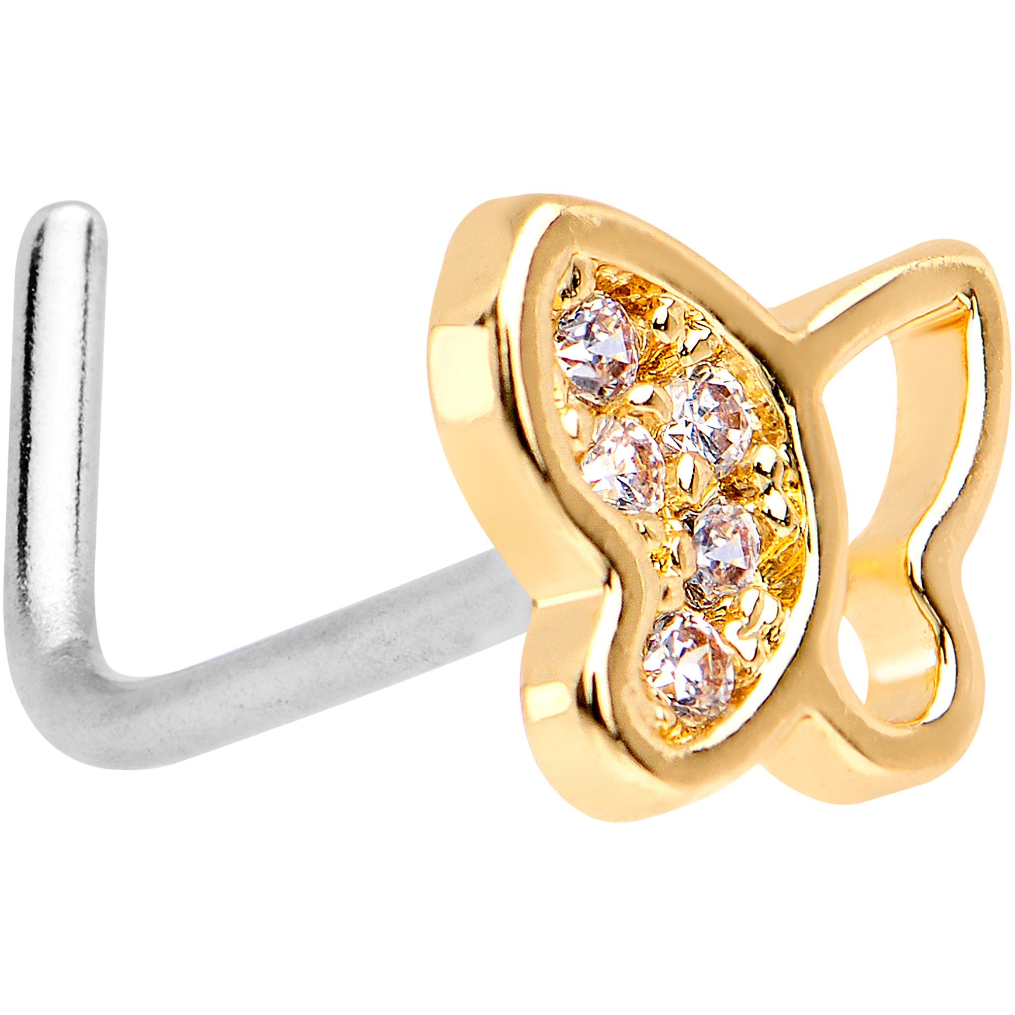 20G 1/4 Clear CZ Gem Gold Tone Butterfly L Shaped Nose Ring
