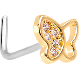 20 Gauge 1/4 Clear CZ Gem Gold Tone Butterfly L Shaped Nose Ring