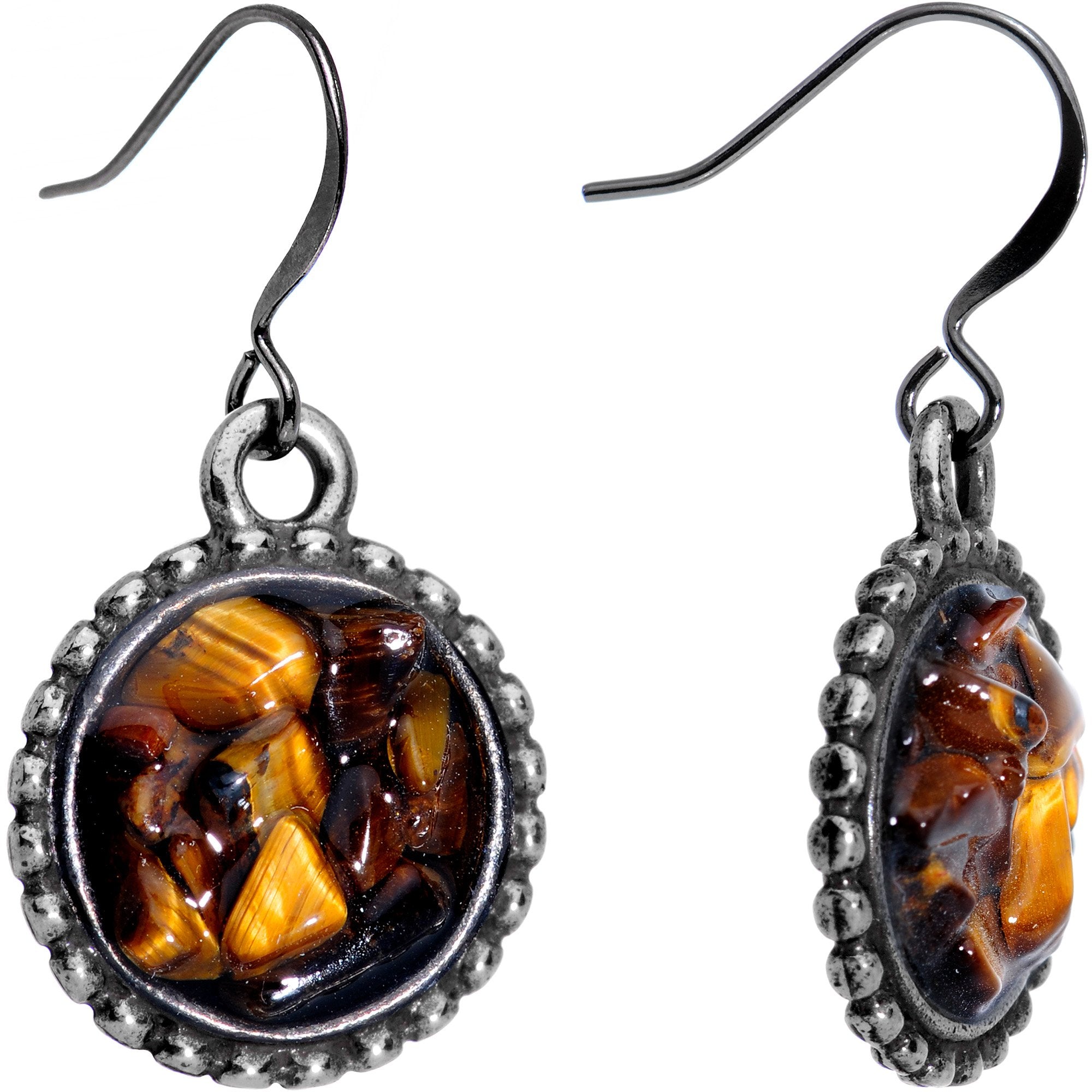 Handmade Tigers Eye Circular Frame Gunmetal Plated Fishhook Earrings