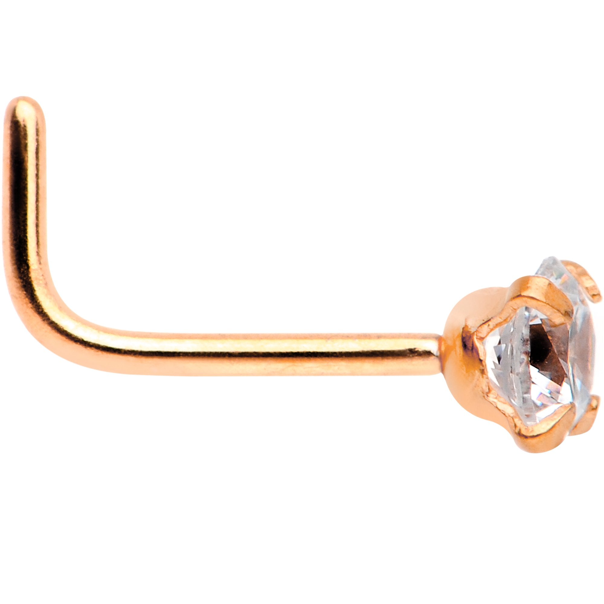 20 Gauge 1/4 Clear 3mm CZ Gem Rose Gold IP L-Shape Nose Ring
