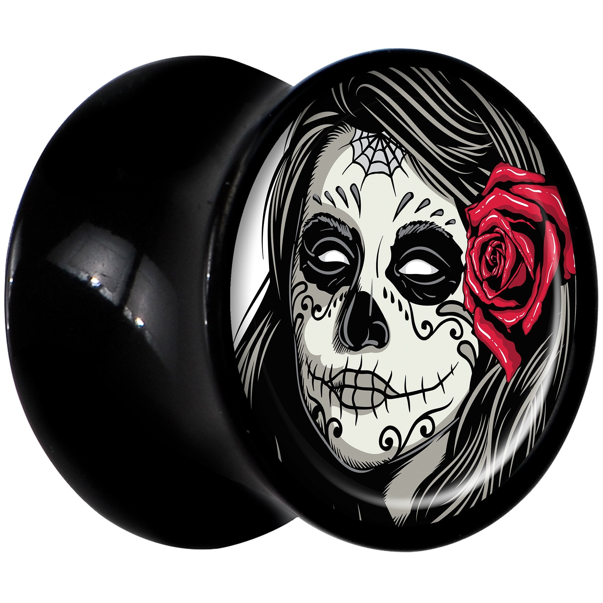 Black Acrylic Katrina Sugar Skull with Rose Flower Saddle Plug Set 00 Gauge