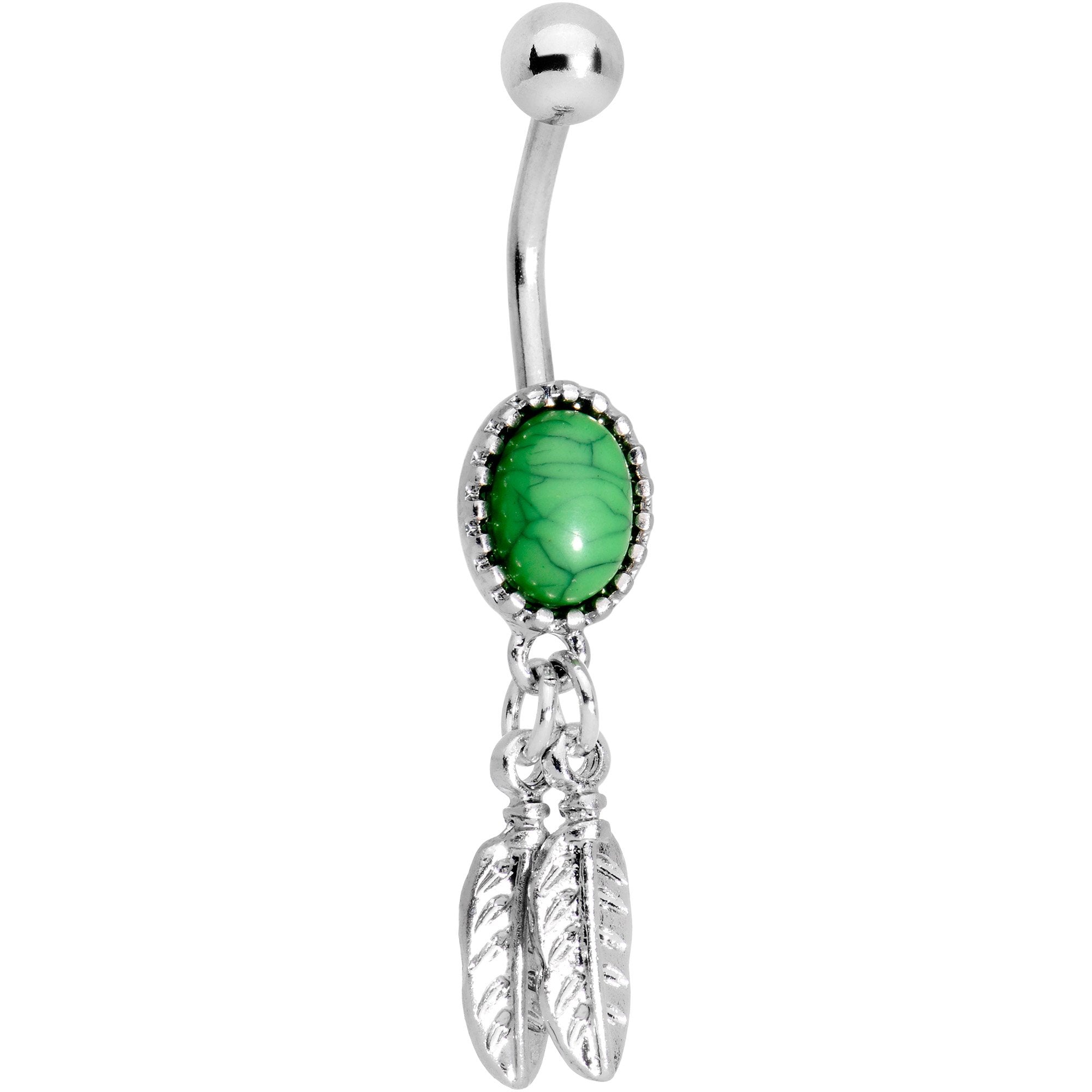 Southwestern Green Orb Double Feather Dangle Belly Ring