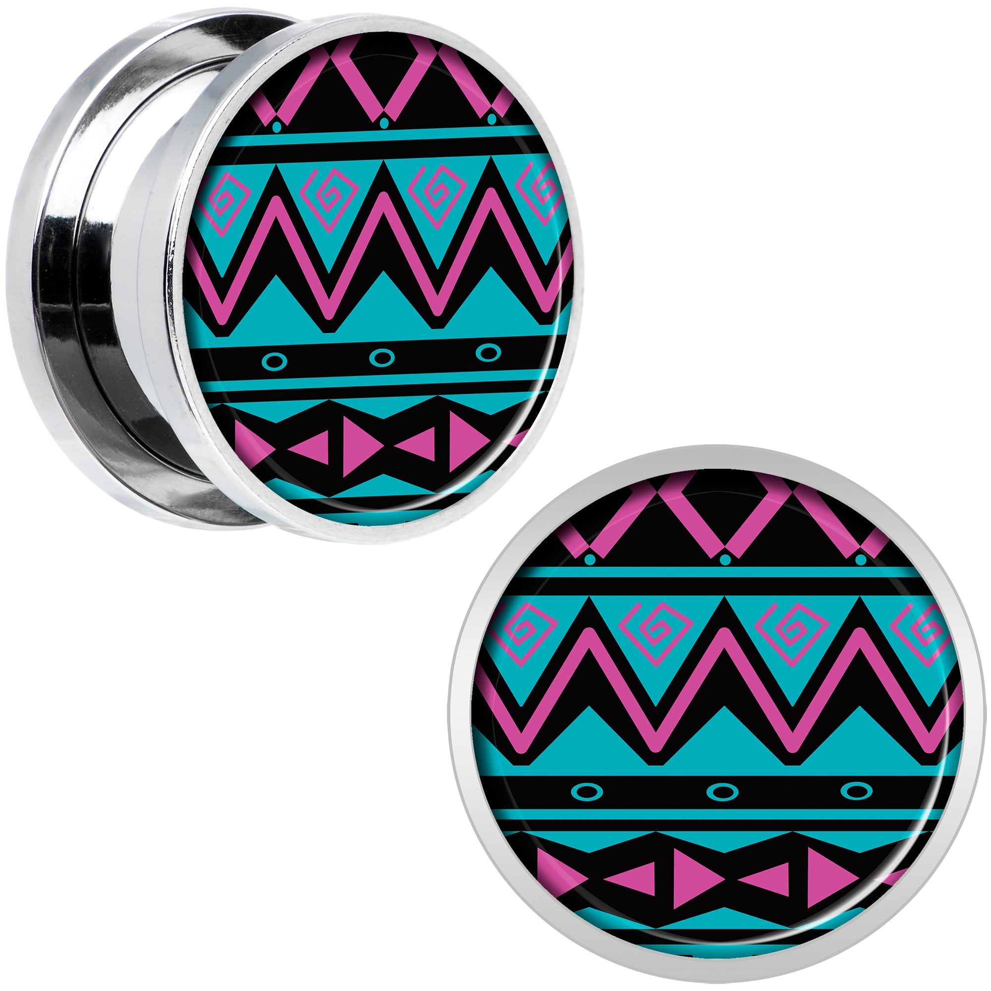 Pink Teal Tribal Print Steel Screw Fit Plug Set 5/8